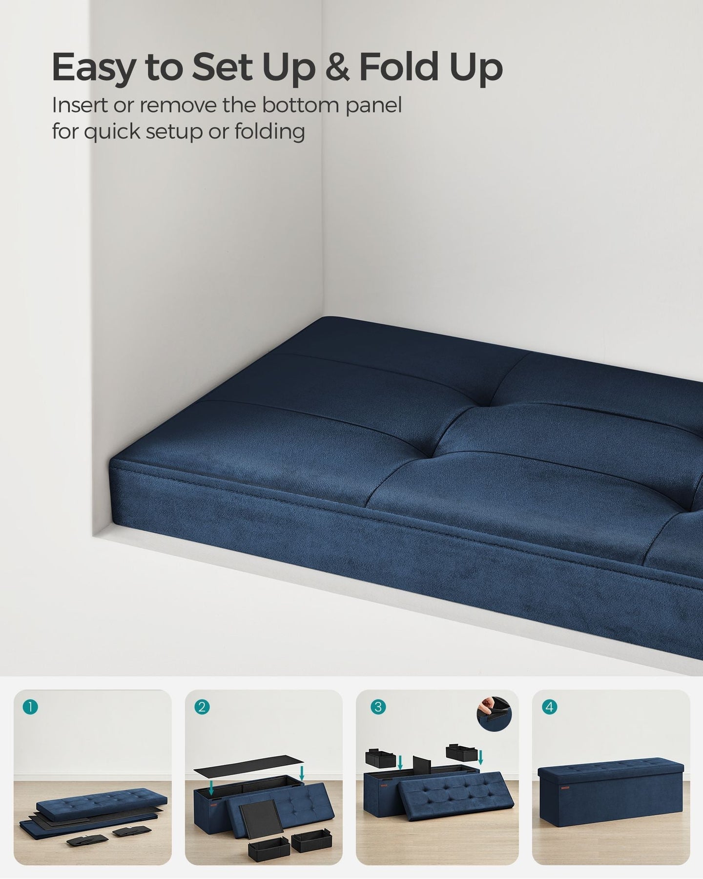 Foldable Storage Ottoman - Fabric - Dark Blue - Multifunctional Foot Rest with Storage