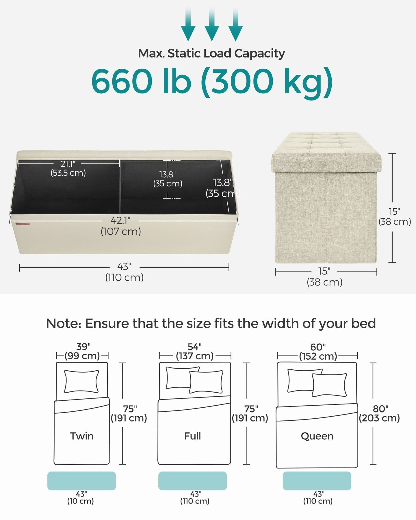 Foldable Storage Ottoman - Fabric - Cream White - Multi-Functional Footrest with 300 kg Capacity