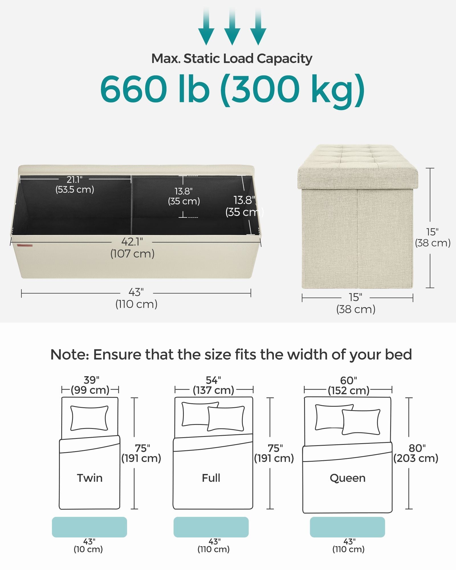 Foldable Storage Ottoman - Fabric - Cream White - Multi-Functional Footrest with 300 kg Capacity