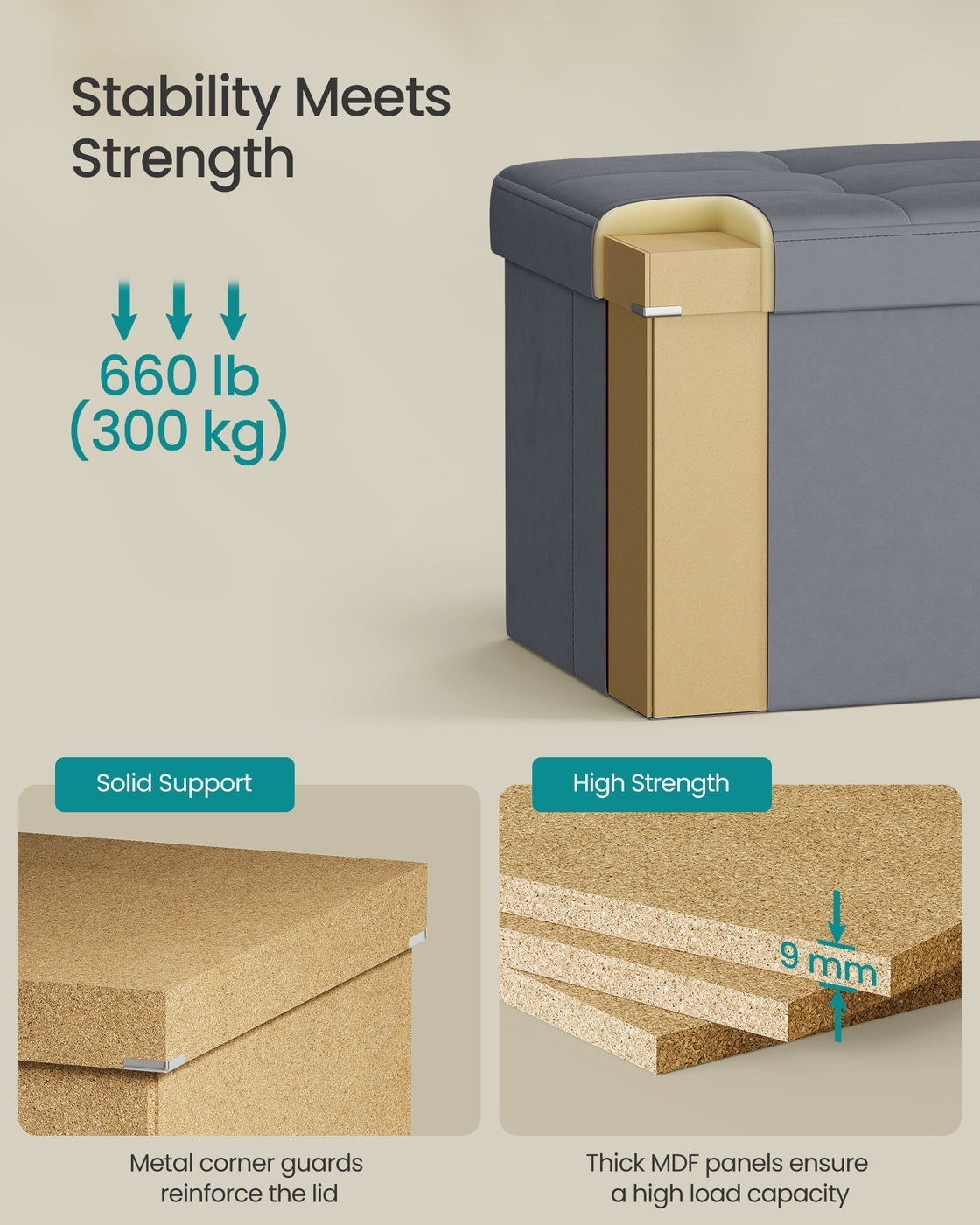 Storage Ottoman - 38L - Velvet Fabric - Flipping Lid