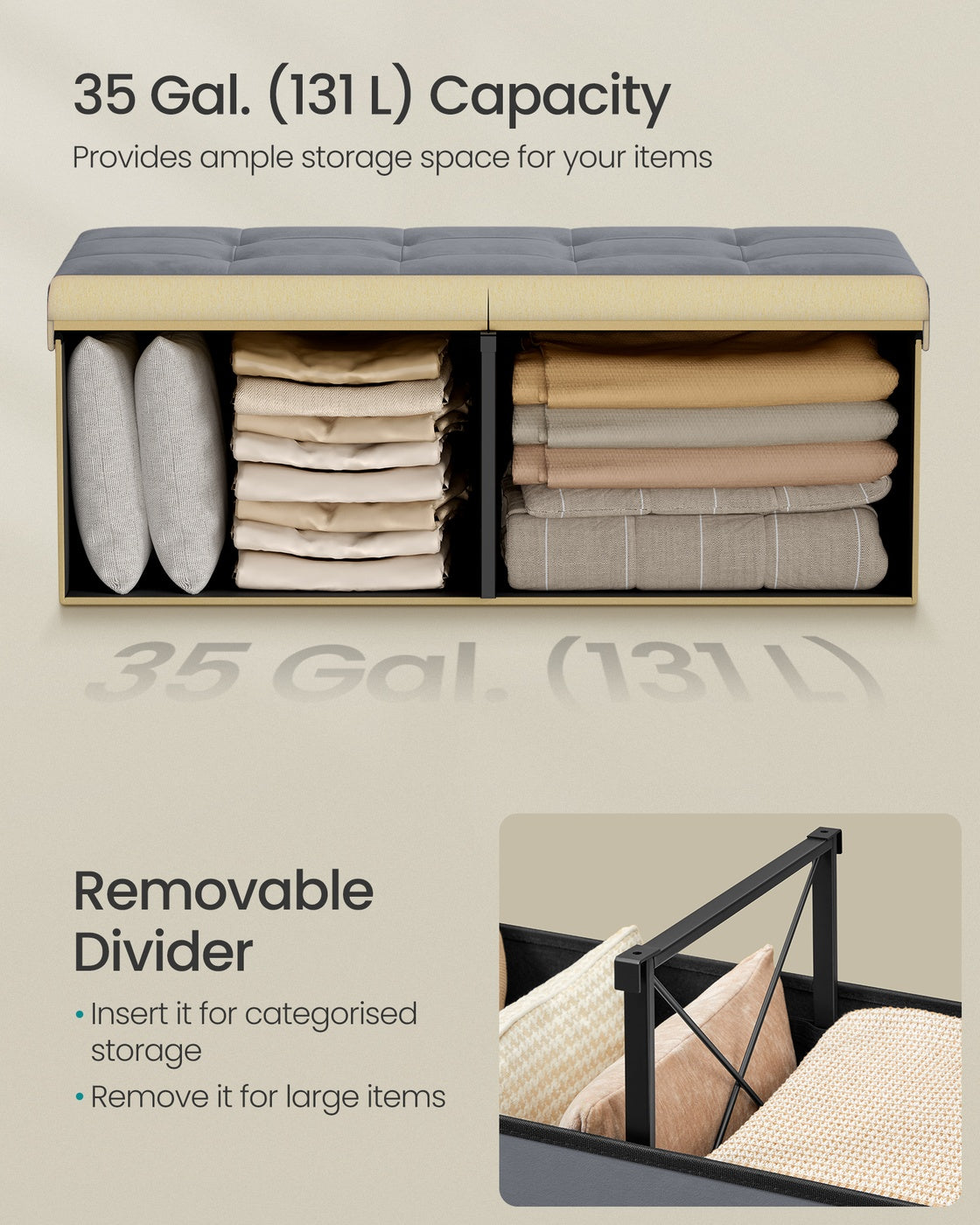 Storage Ottoman - 38L - Velvet Fabric - Flipping Lid
