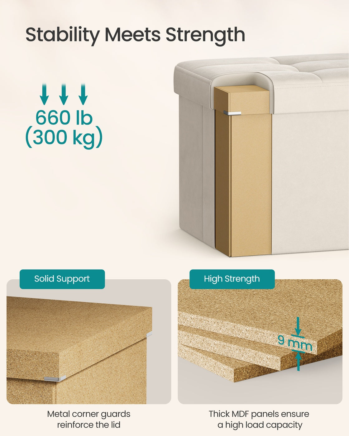 Storage Ottoman - 38L - MDF - Foldable Design