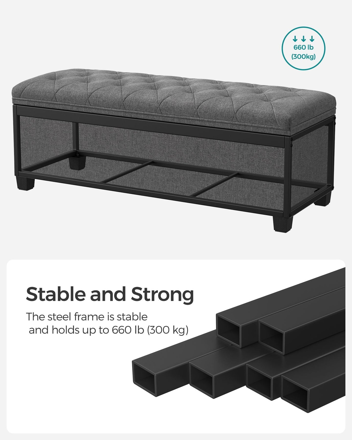 Storage Ottoman - Fabric - Dark Grey - Foldable with Legs and High Load Capacity