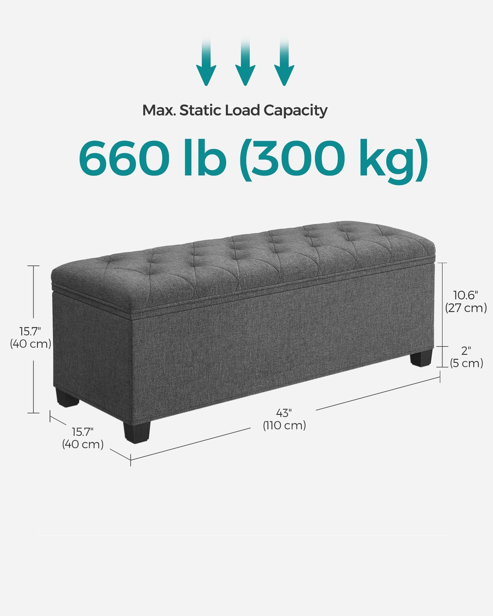 Storage Ottoman - Fabric - Dark Grey - Foldable with Legs and High Load Capacity
