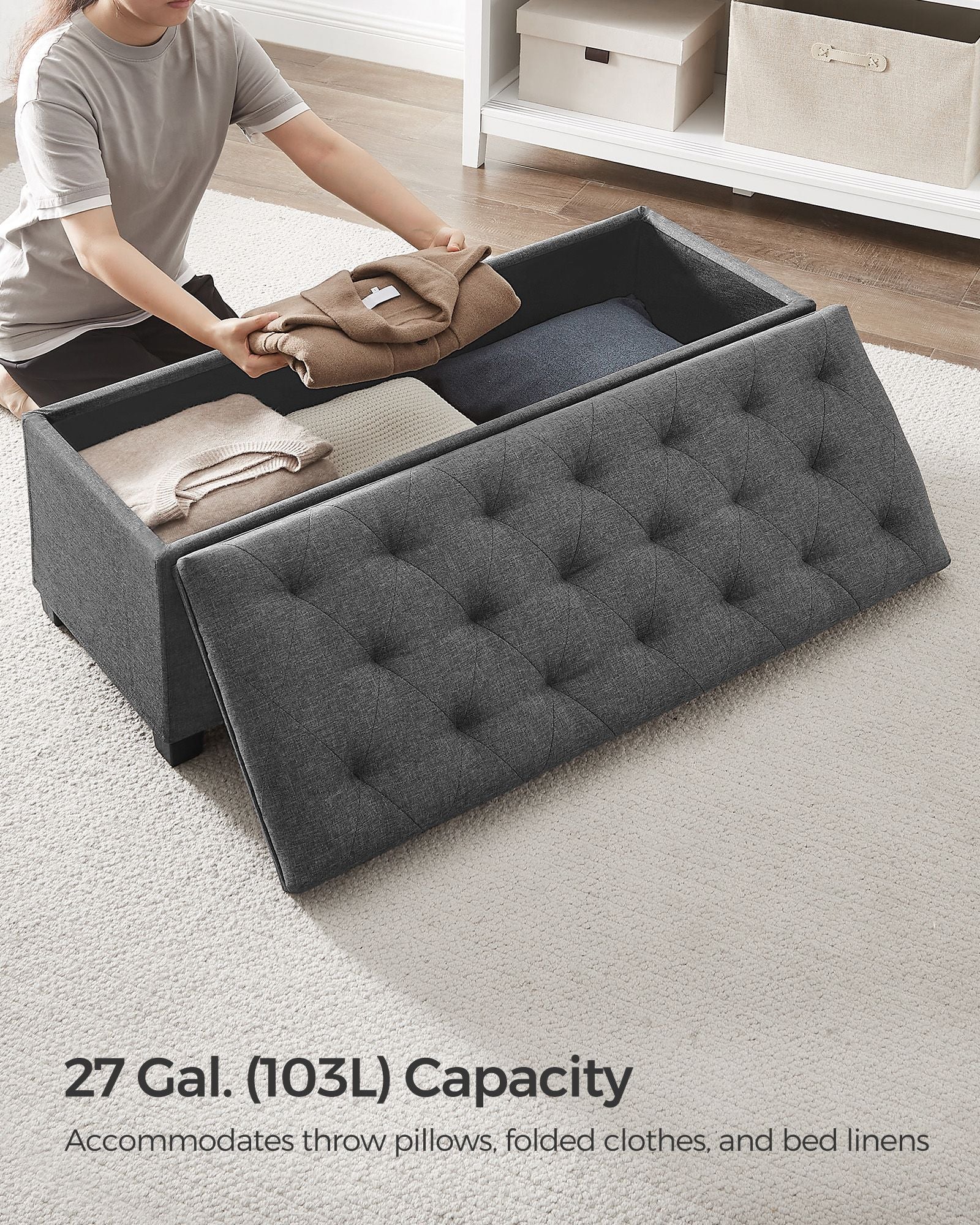 Storage Ottoman - Fabric - Dark Grey - Foldable with Legs and High Load Capacity