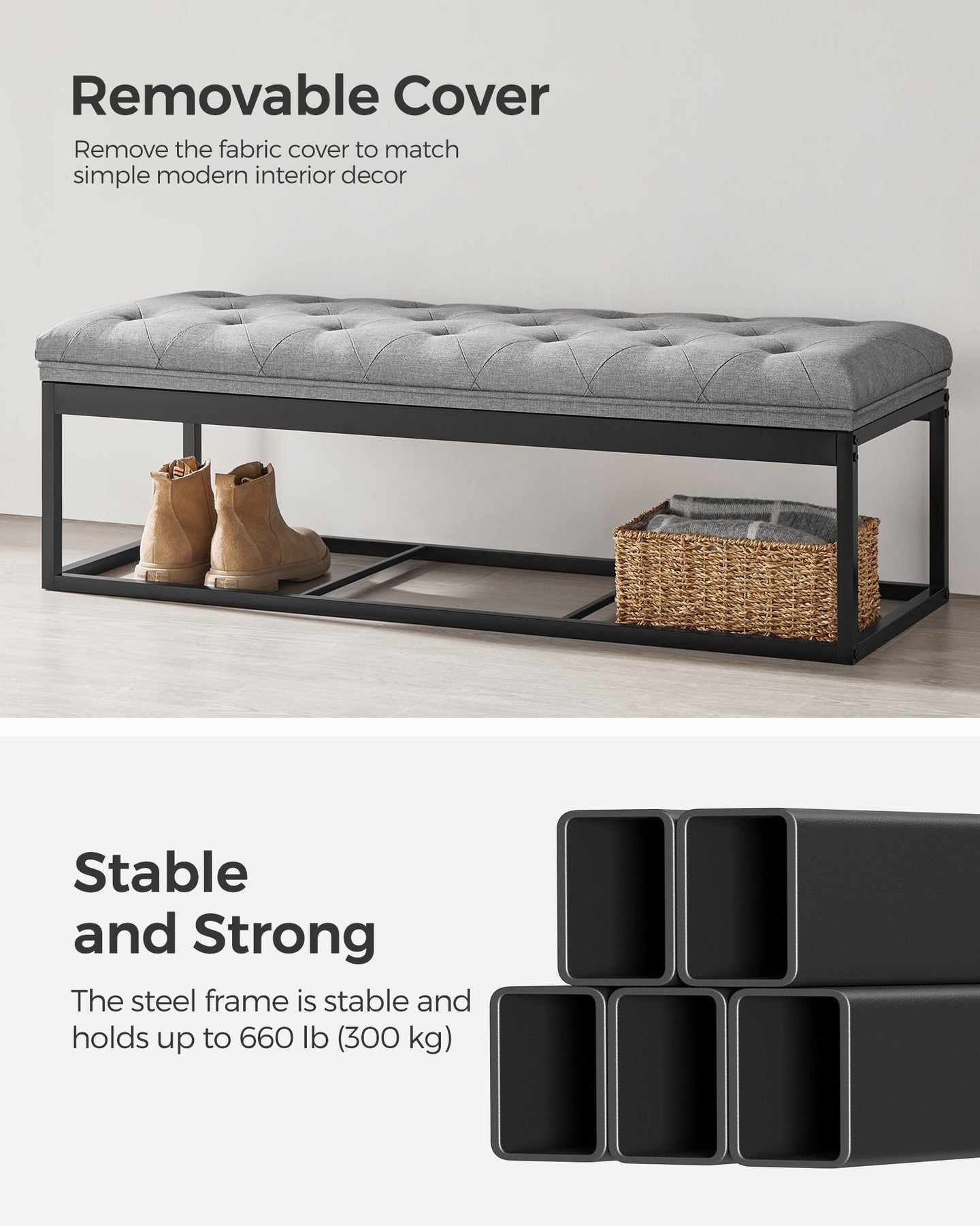 Storage Ottoman - Fabric - Light Grey - Foldable with Feet