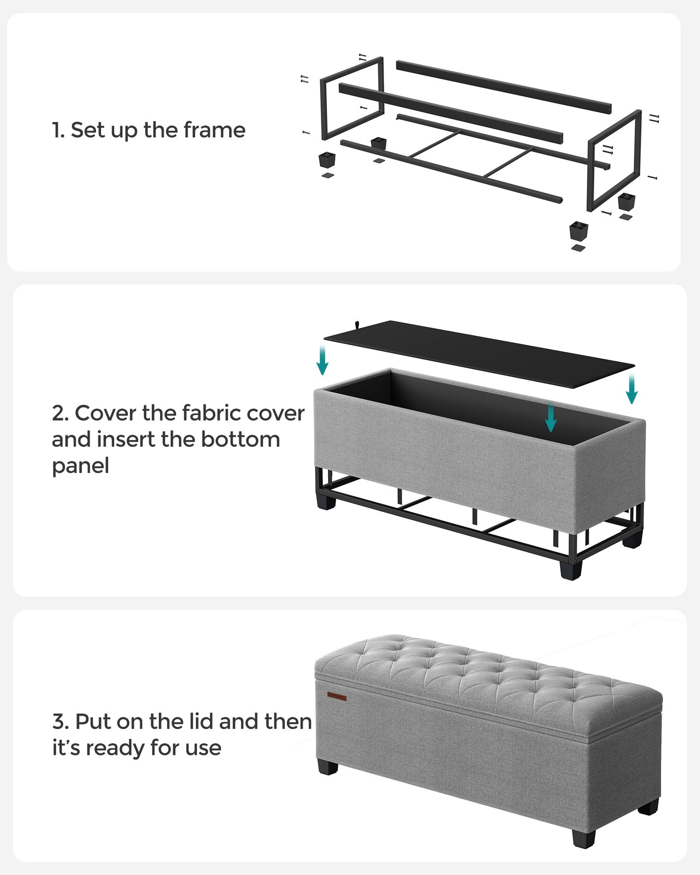 Storage Ottoman - Fabric - Light Grey - Foldable with Feet