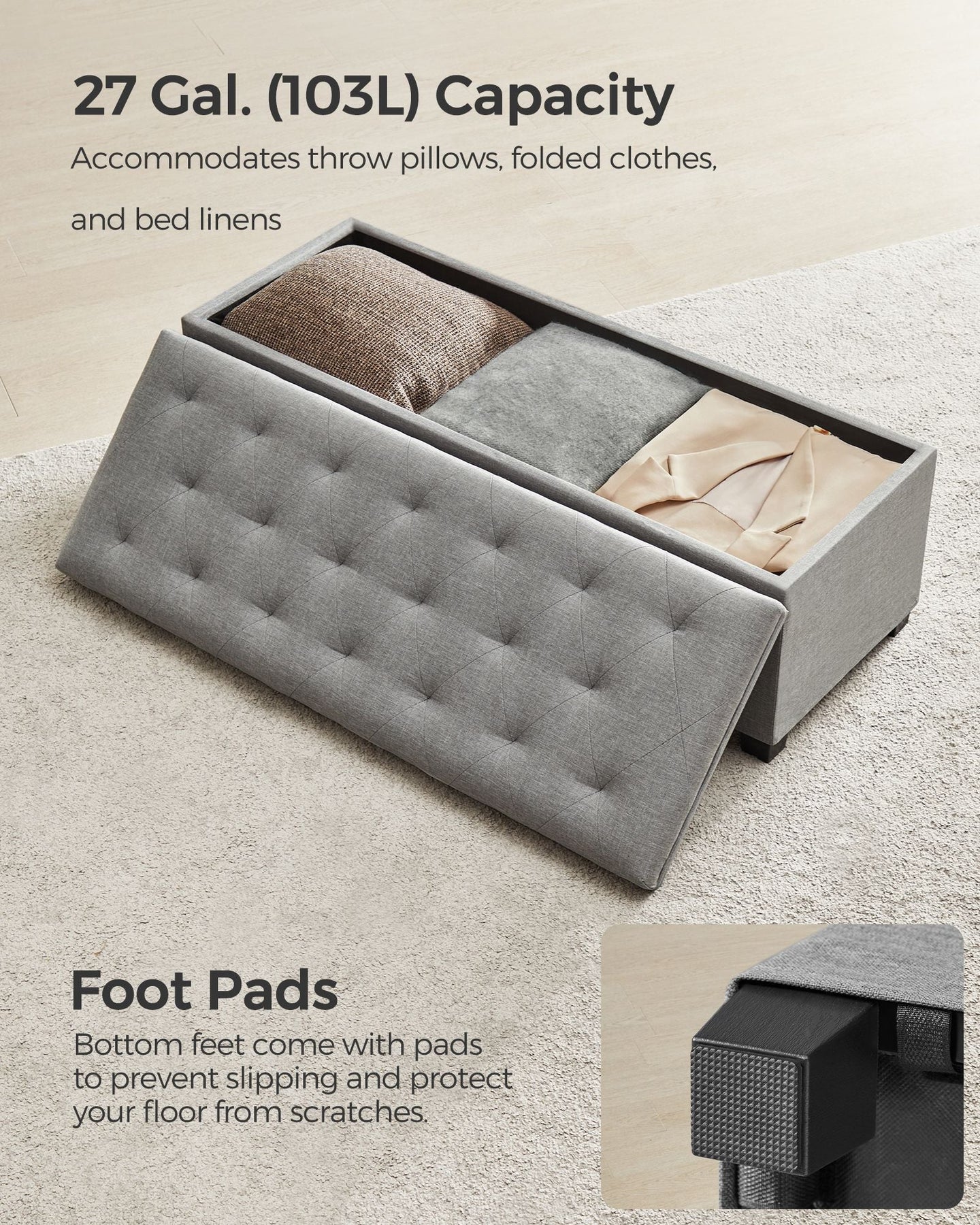 Storage Ottoman - Fabric - Light Grey - Foldable with Feet