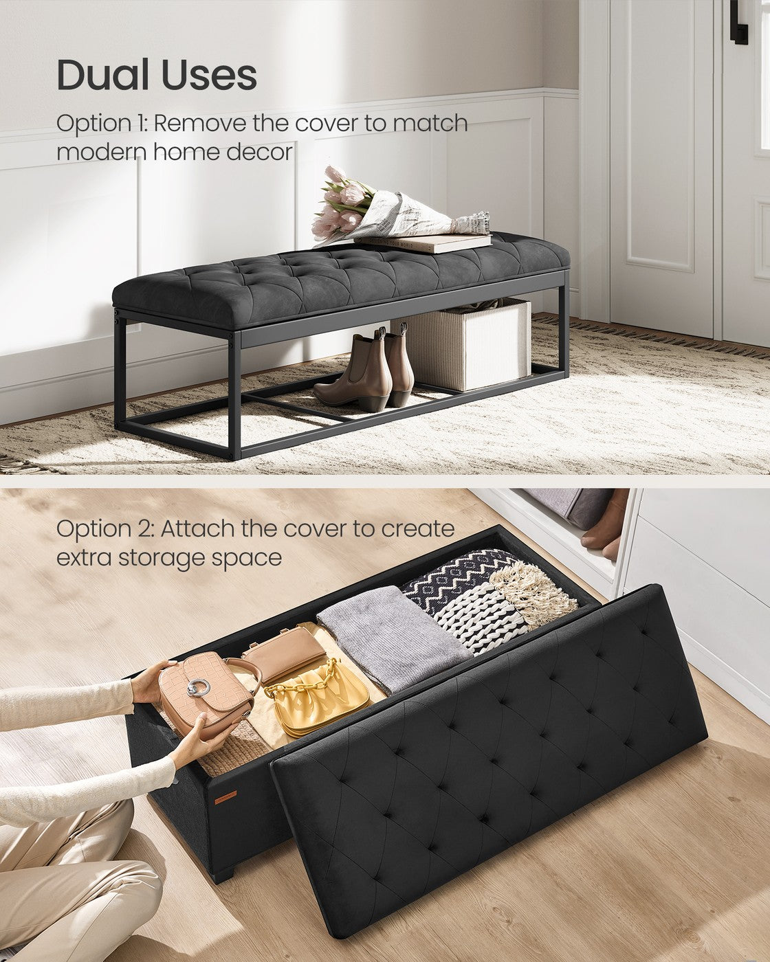 Storage Ottoman Bench - Fabric - Dark Grey - Foldable with Storage and High Weight Capacity