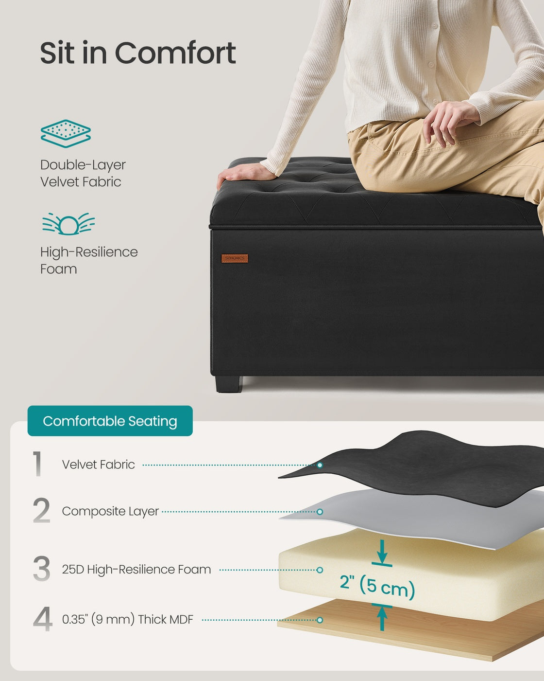 Storage Ottoman Bench - Fabric - Dark Grey - Foldable with Storage and High Weight Capacity