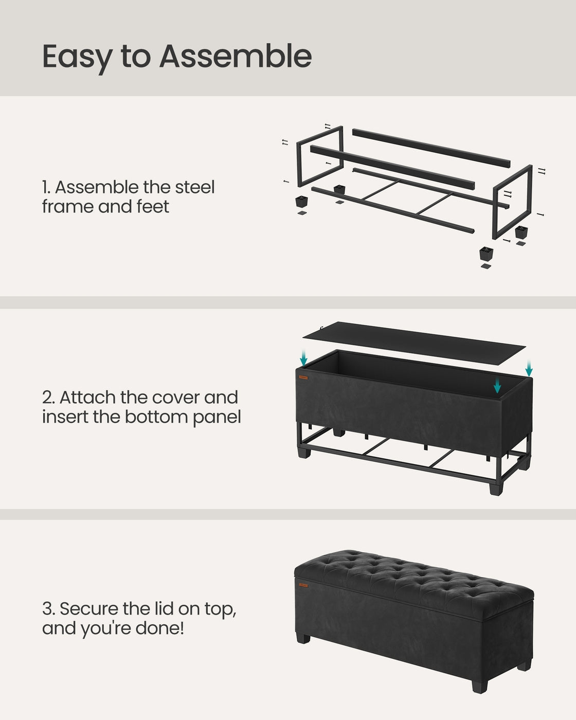 Storage Ottoman Bench - Fabric - Dark Grey - Foldable with Storage and High Weight Capacity