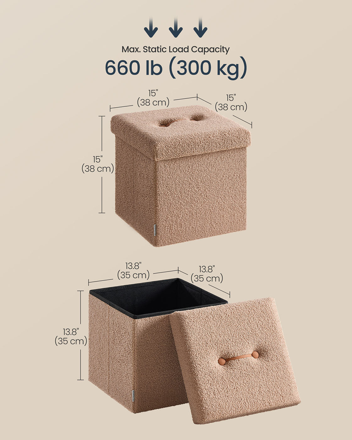 Folding Storage Ottoman - Fabric - Camel Brown - Removable Lid