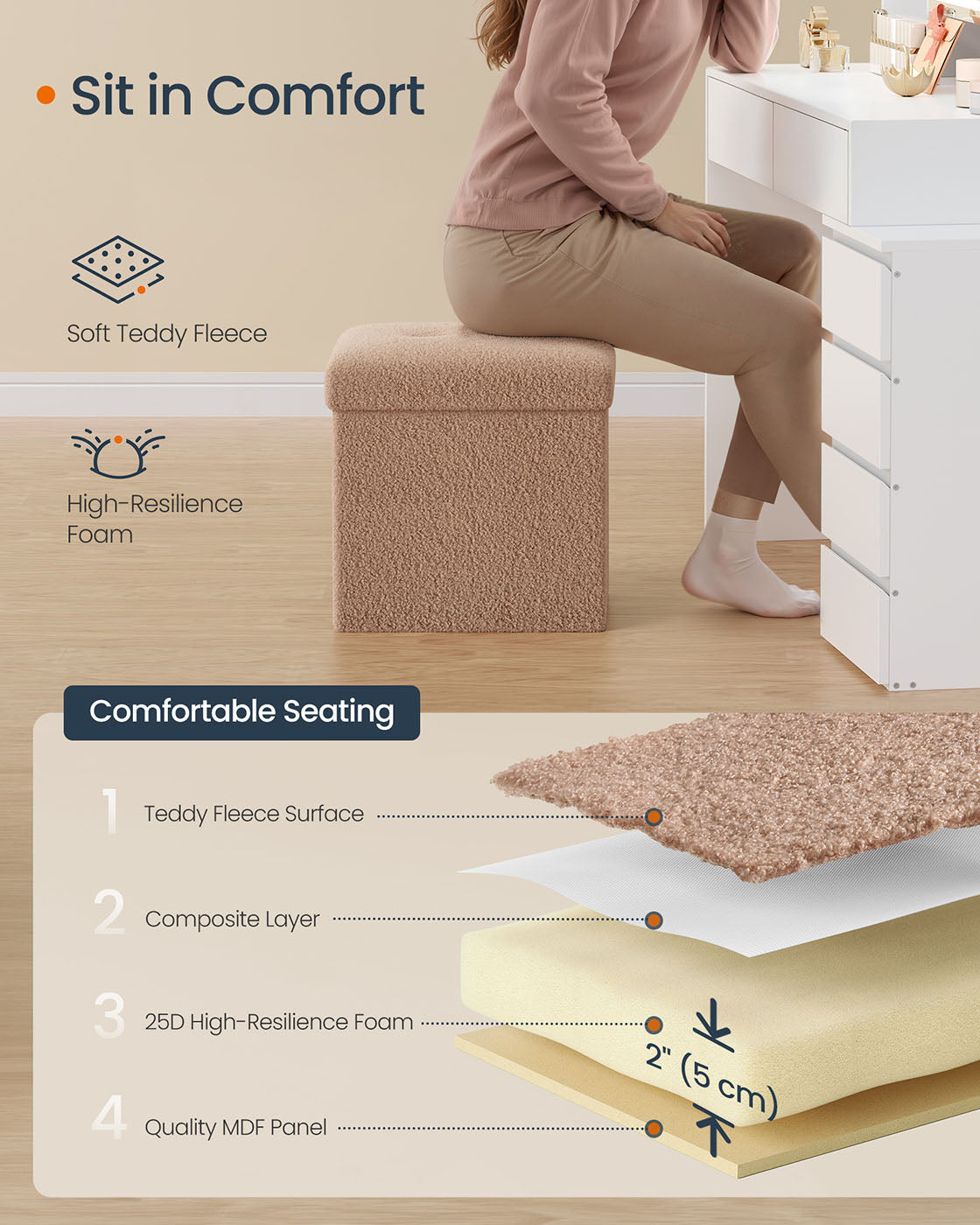 Folding Storage Ottoman - Fabric - Camel Brown - Removable Lid