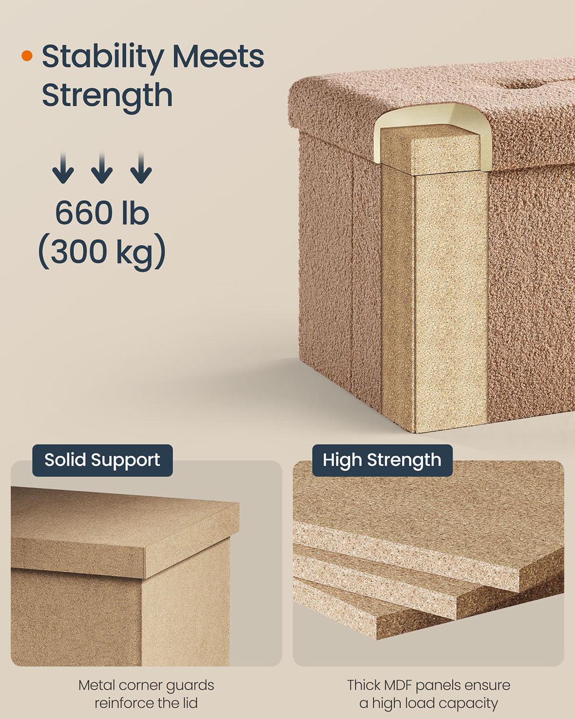 Folding Storage Ottoman - Fabric - Camel Brown - Removable Lid