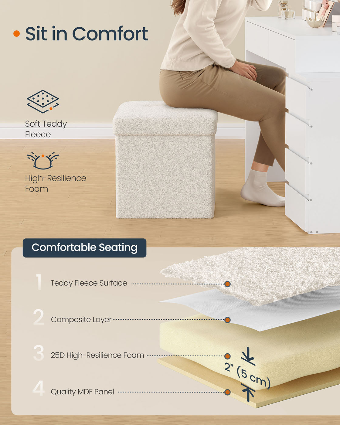Folding Storage Ottoman - Fabric - Cream White - Removable Lid