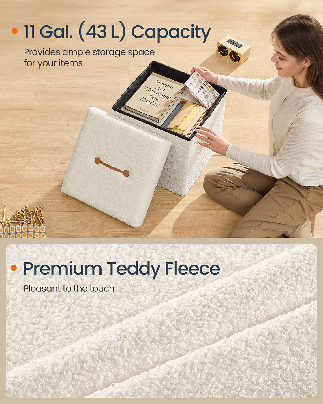 Folding Storage Ottoman - Fabric - Cream White - Removable Lid