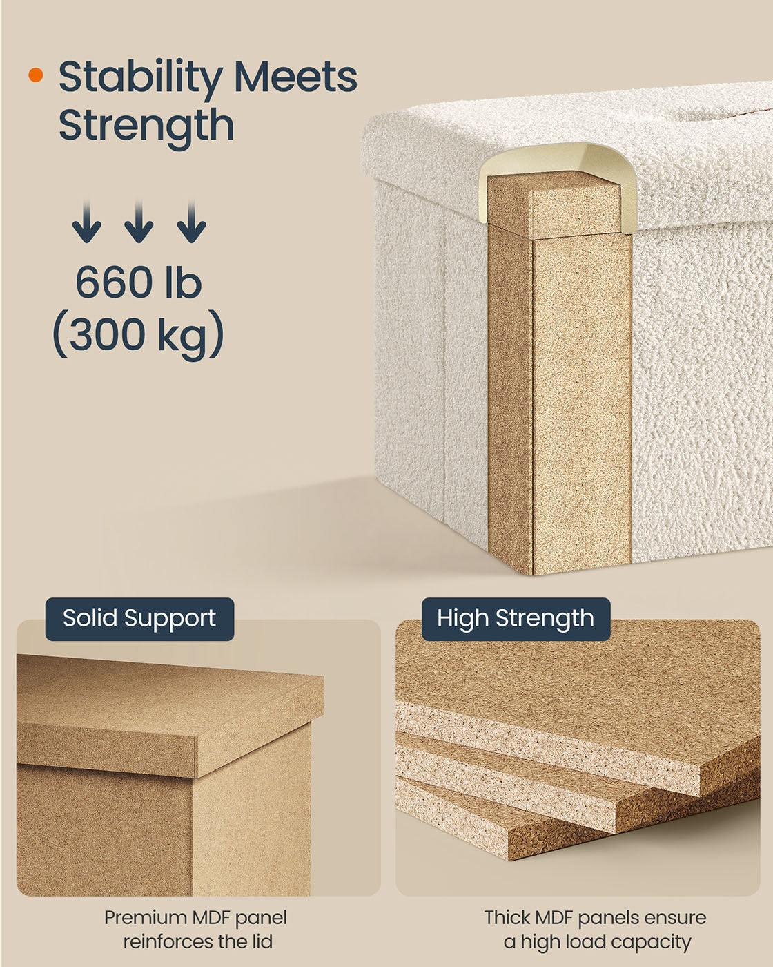 Folding Storage Ottoman - Fabric - Cream White - Removable Lid