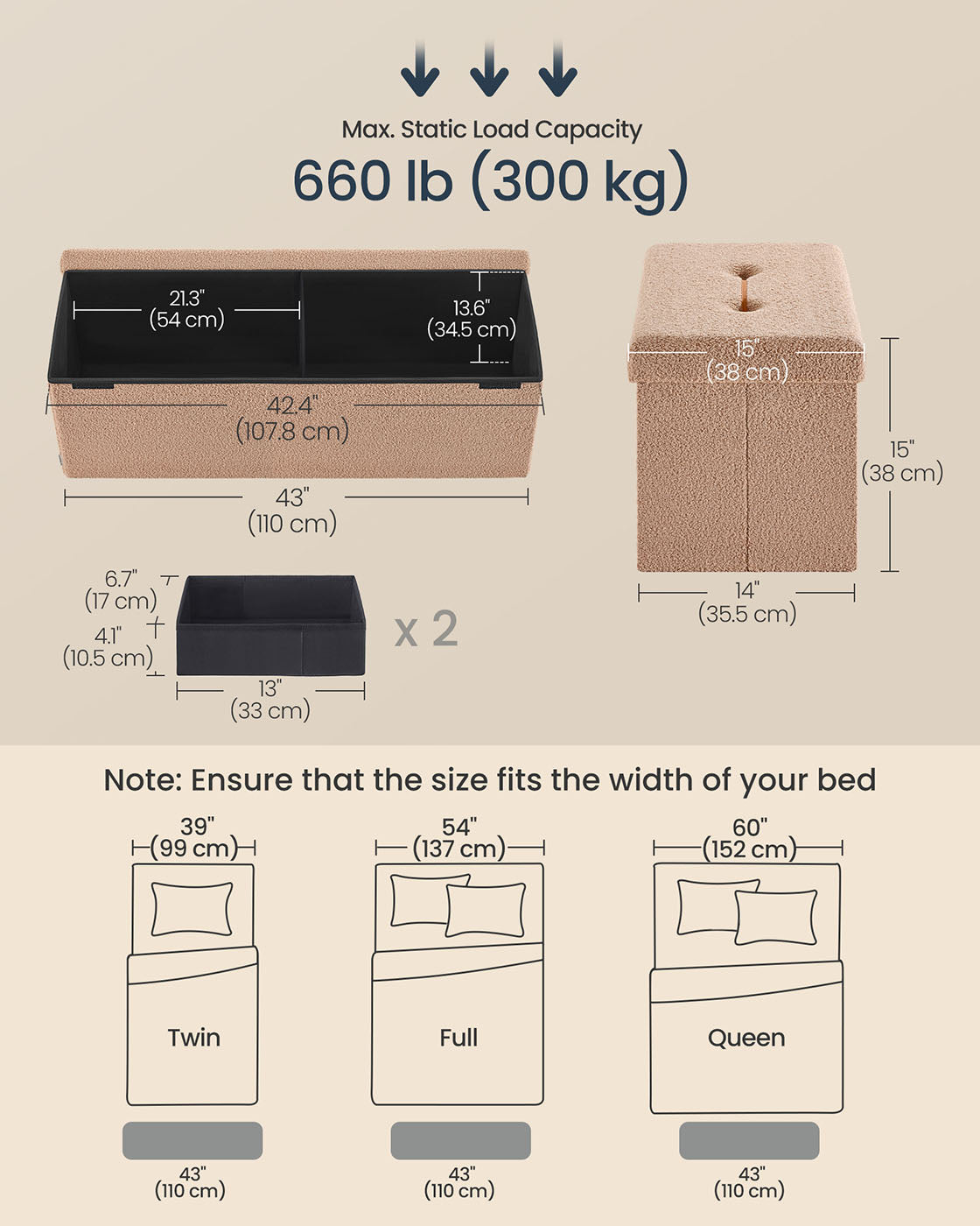 Folding Storage Ottoman - Fabric - Camel Brown - Removable Lid