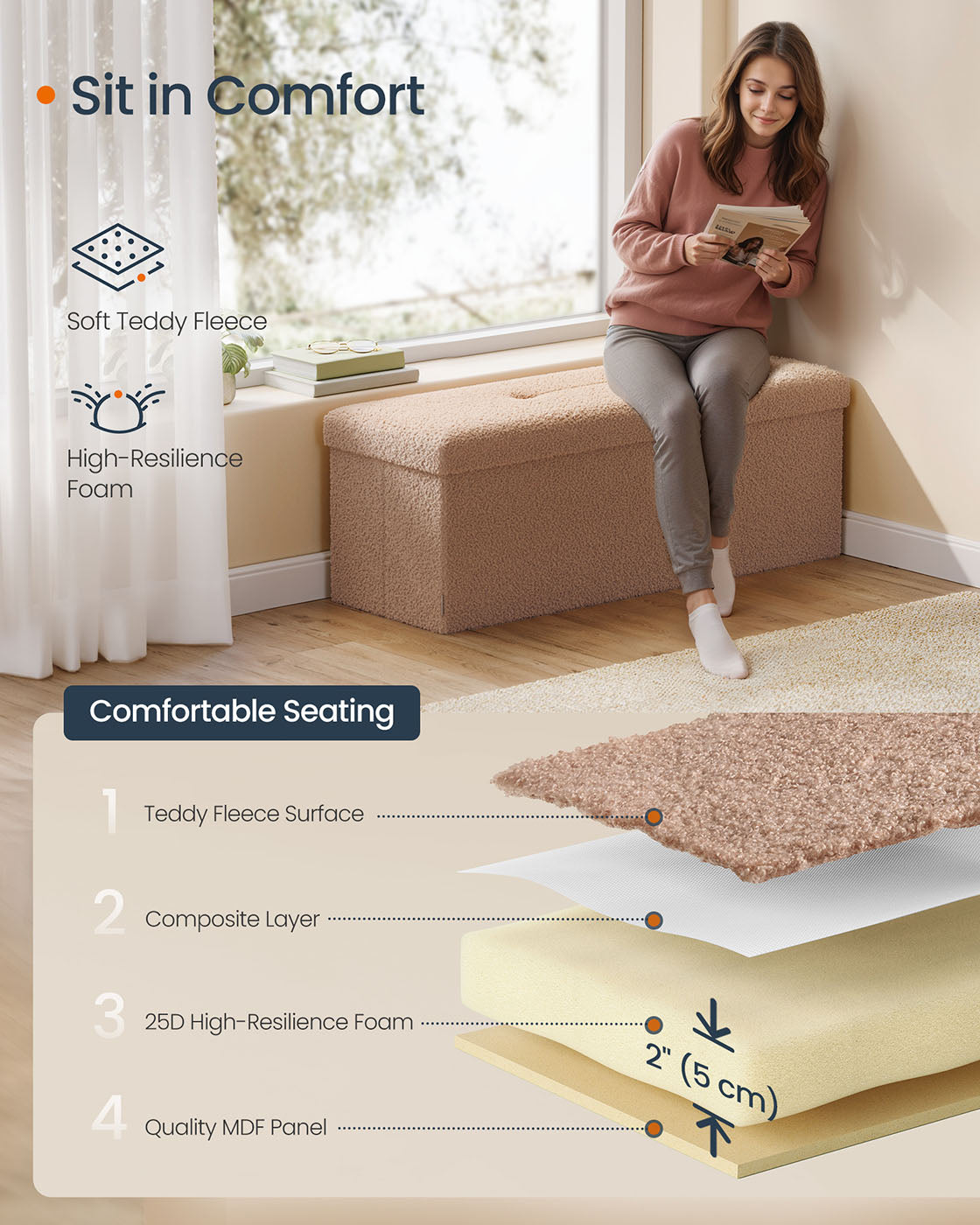 Folding Storage Ottoman - Fabric - Camel Brown - Removable Lid