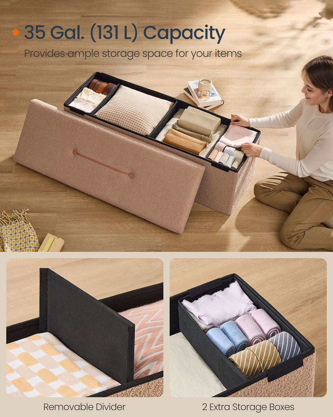 Folding Storage Ottoman - Fabric - Camel Brown - Removable Lid