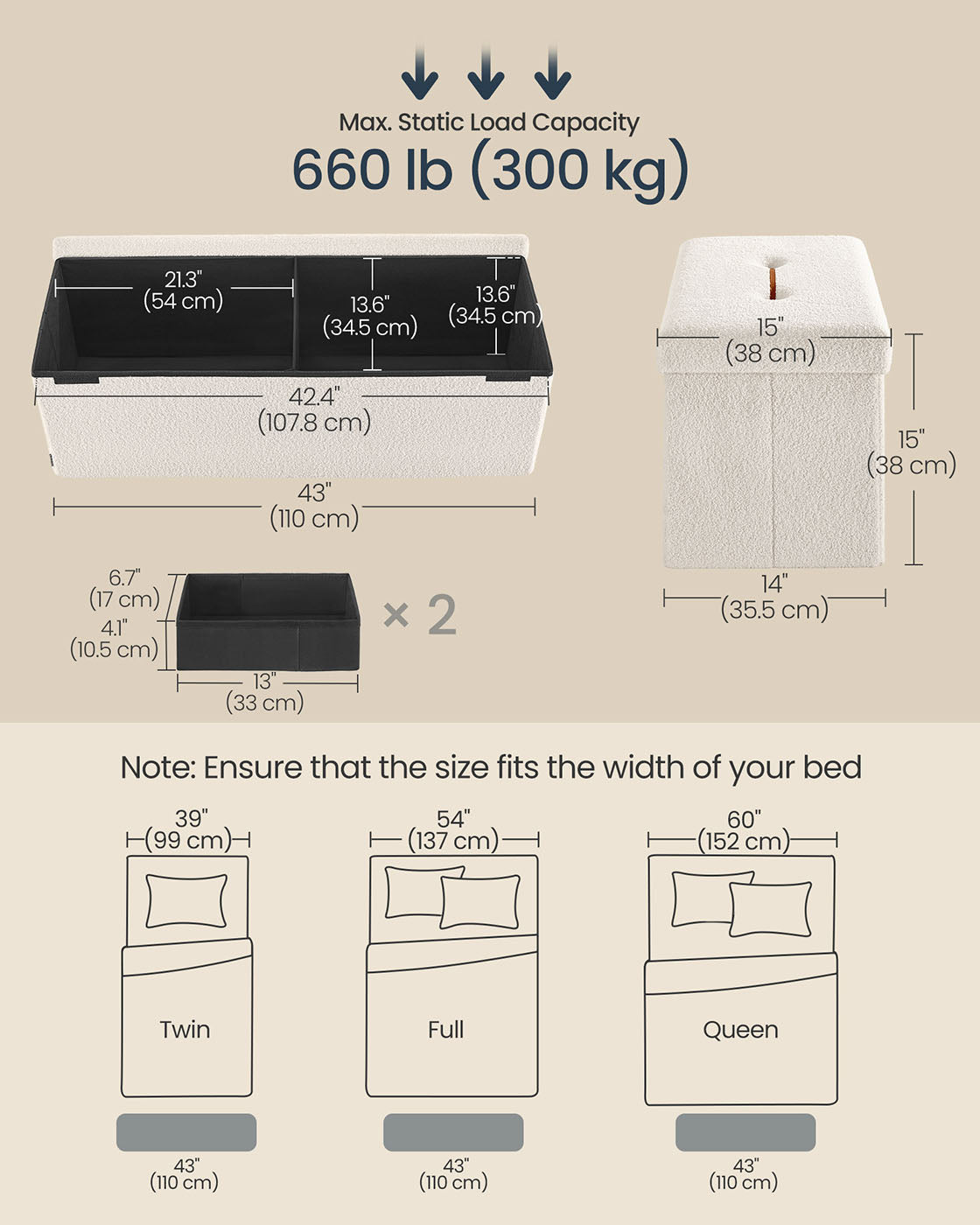 Folding Storage Ottoman - Fabric - Cream White - Removable Lid