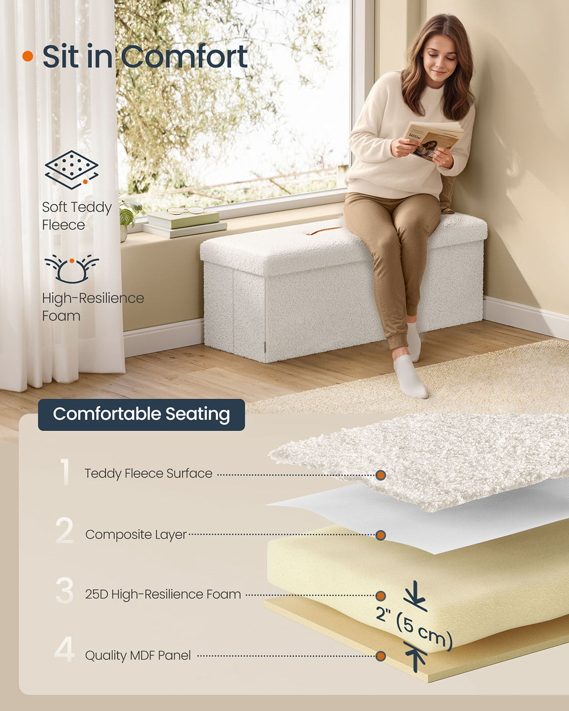 Folding Storage Ottoman - Fabric - Cream White - Removable Lid