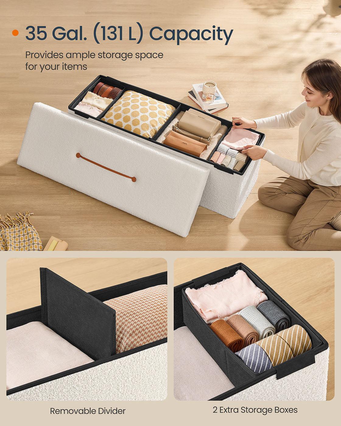Folding Storage Ottoman - Fabric - Cream White - Removable Lid