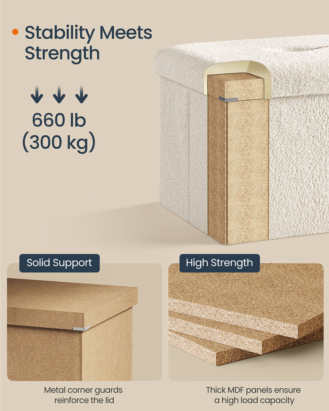 Folding Storage Ottoman - Fabric - Cream White - Removable Lid