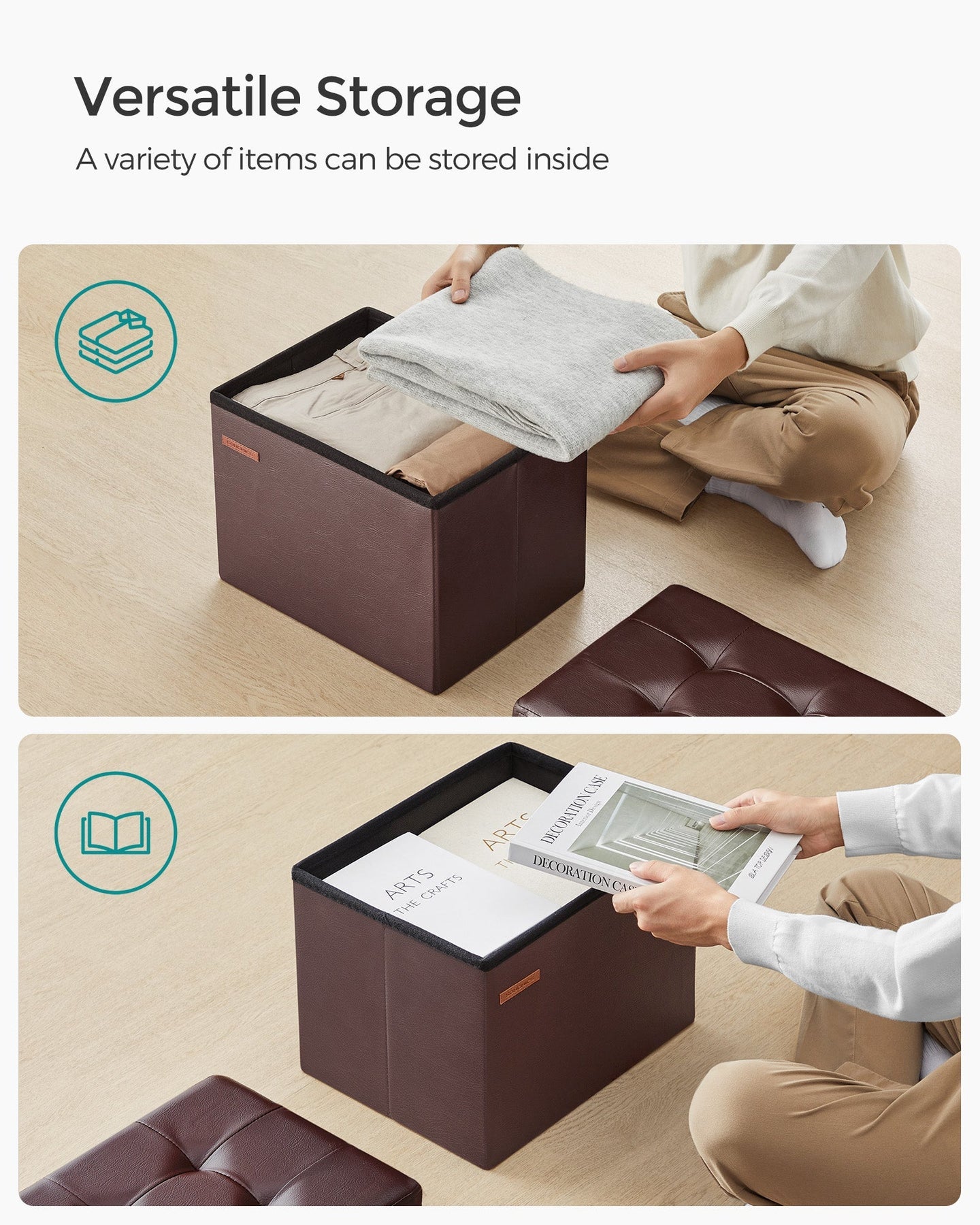 Foldable Ottoman - Fabric - Chestnut Brown - Cube Storage Design