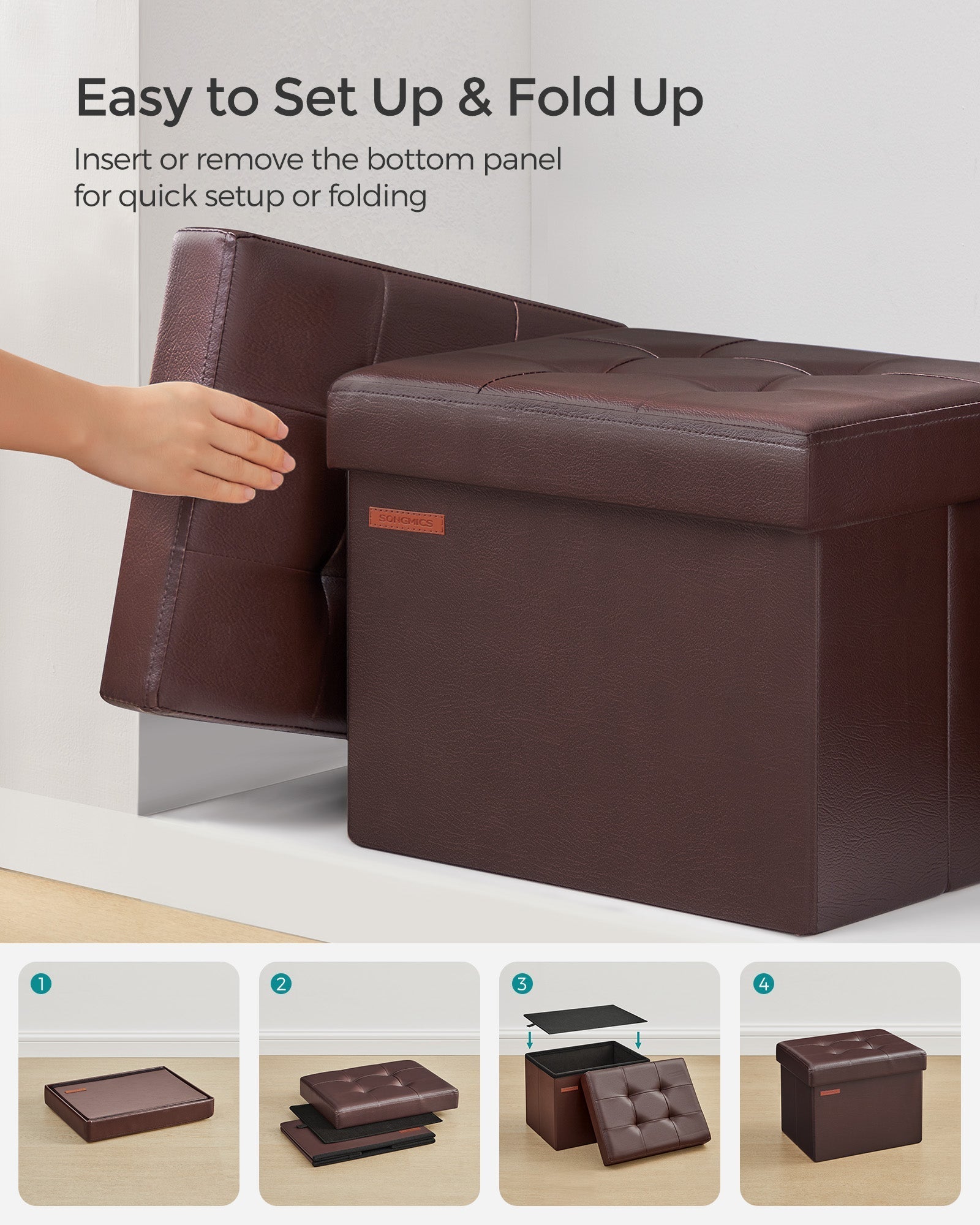 Foldable Ottoman - Fabric - Chestnut Brown - Cube Storage Design