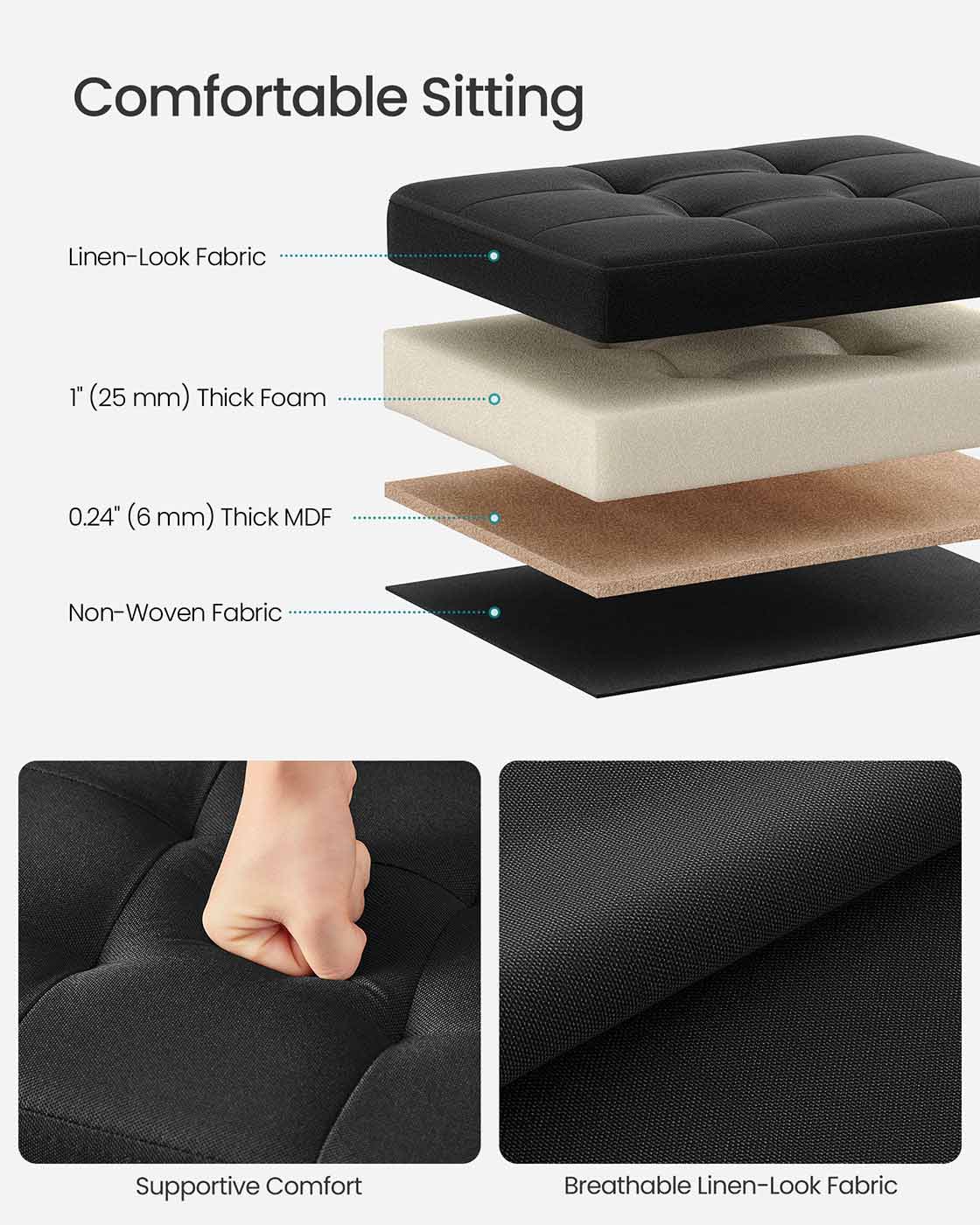 Foldable Storage Ottoman - Fabric - Ink Black - Compact Foot Rest with Storage