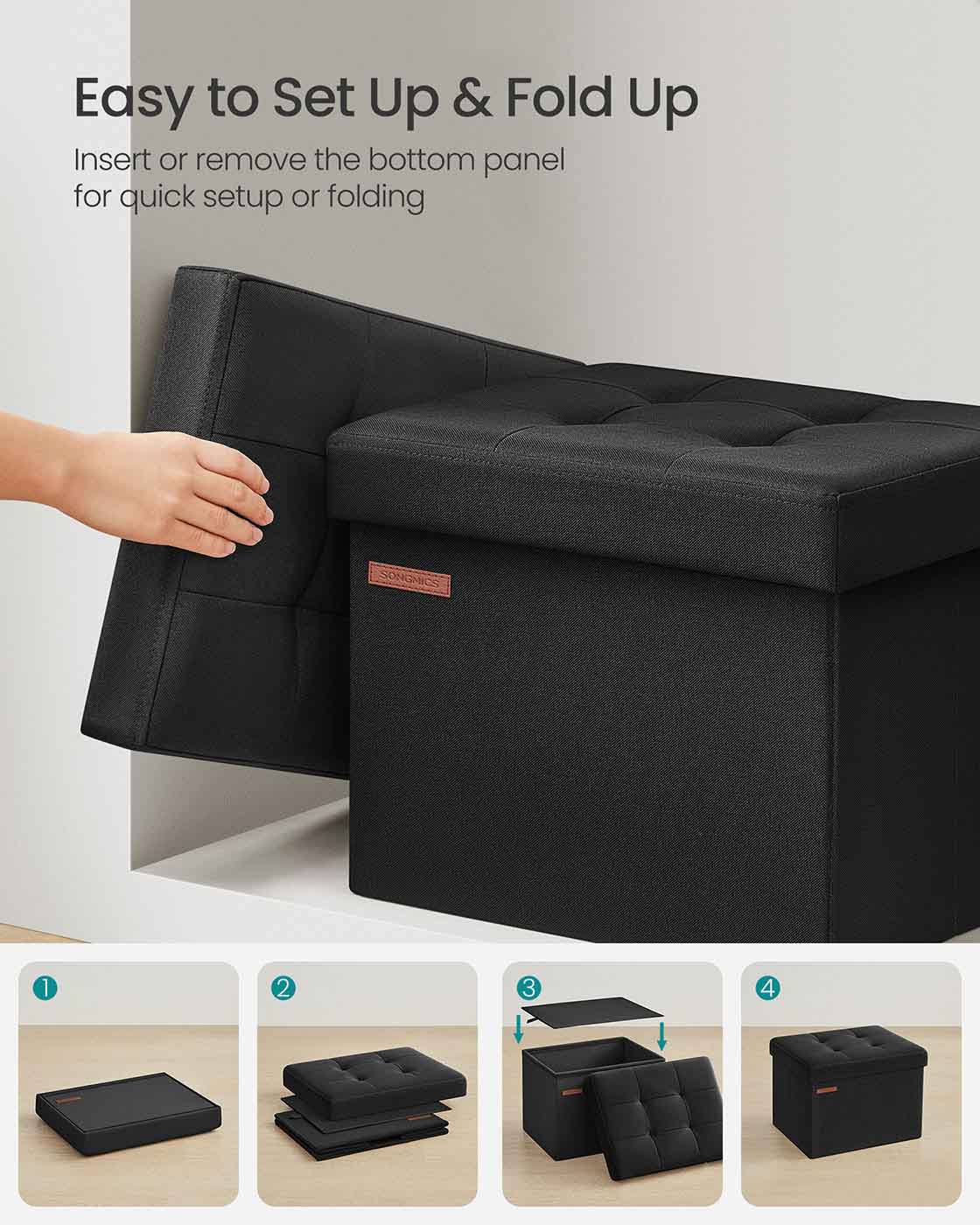 Foldable Storage Ottoman - Fabric - Ink Black - Compact Foot Rest with Storage