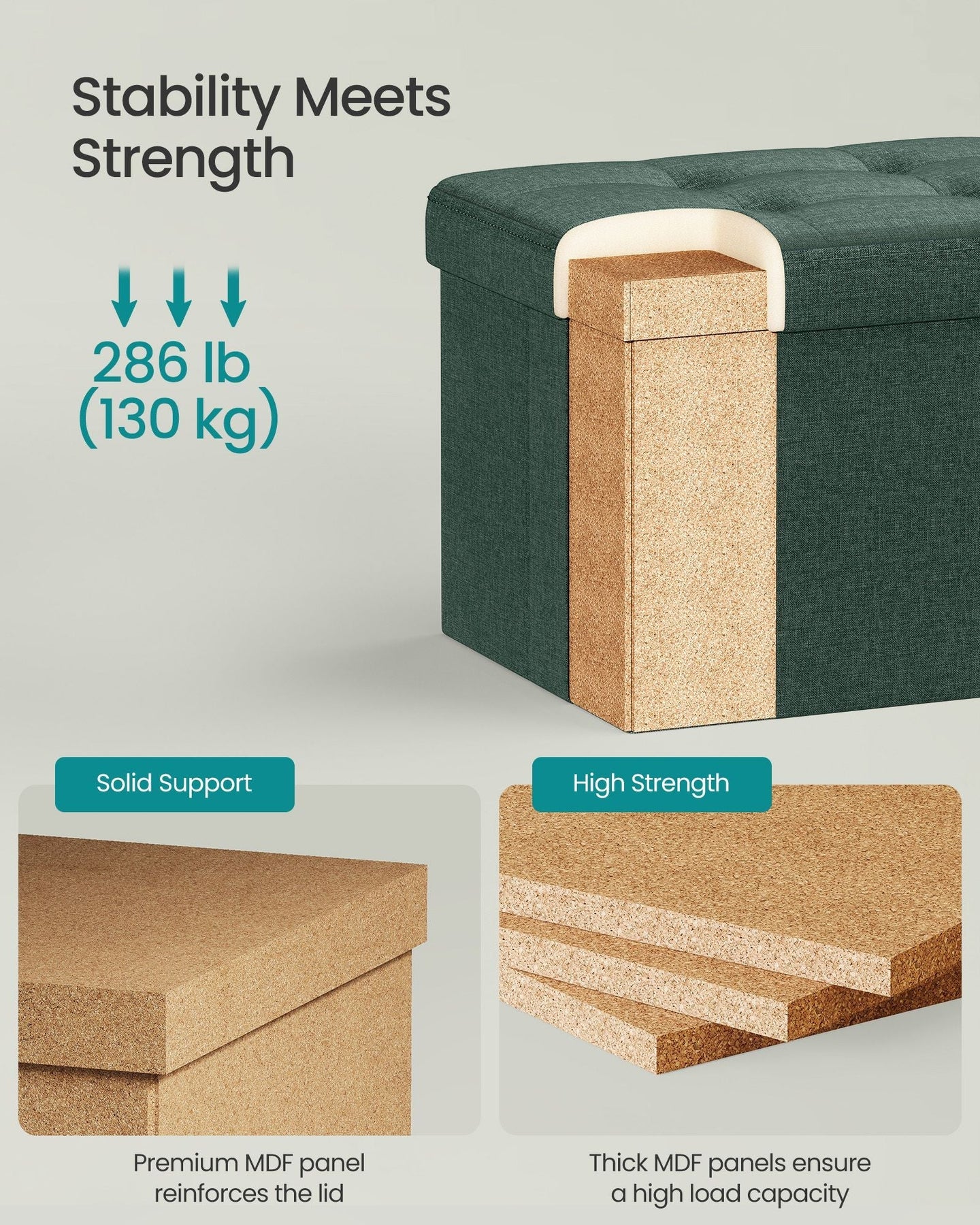Small Foldable Storage Ottoman - Fabric - Retro Green - Versatile Foot Rest with Storage