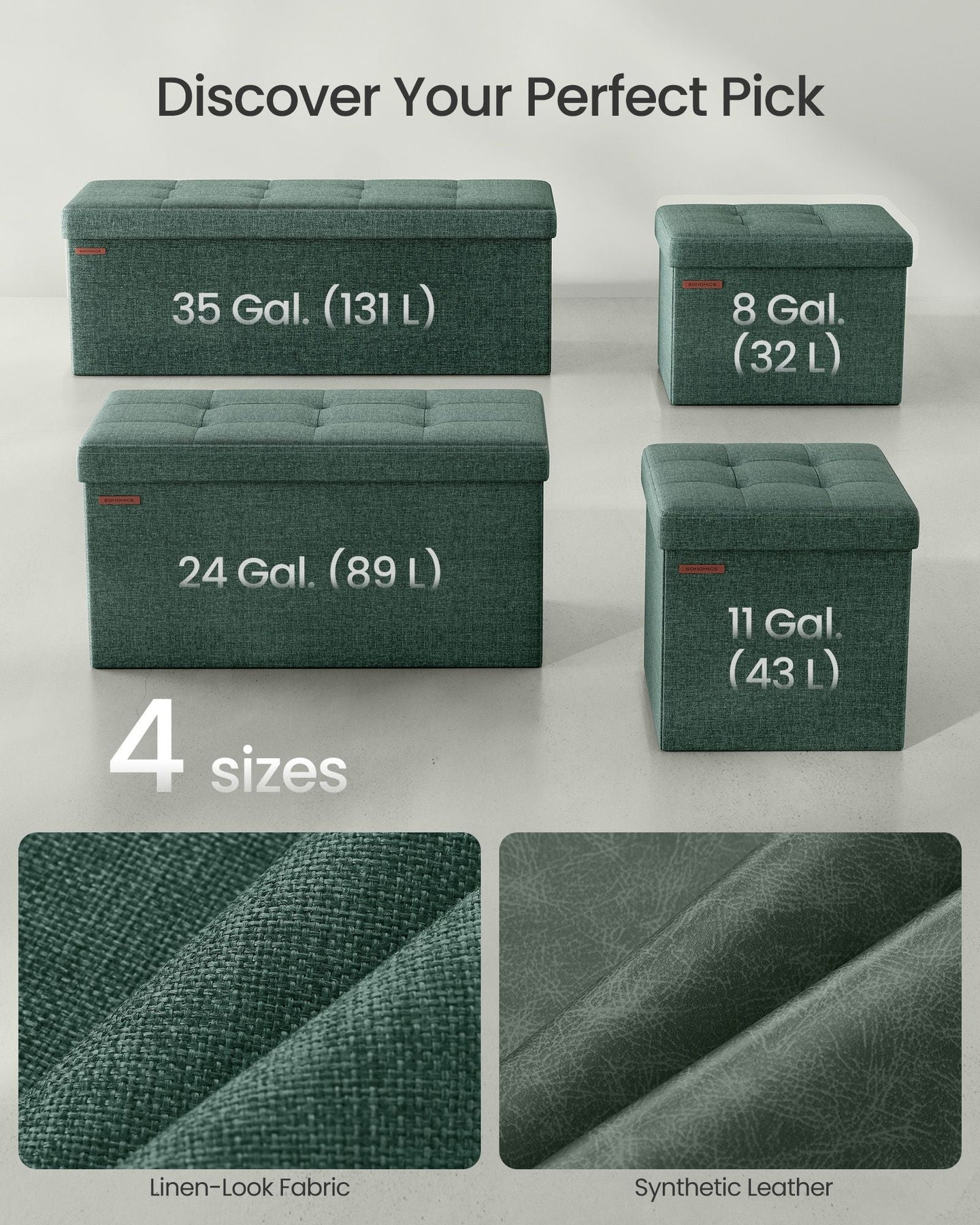 Small Foldable Storage Ottoman - Fabric - Retro Green - Versatile Foot Rest with Storage