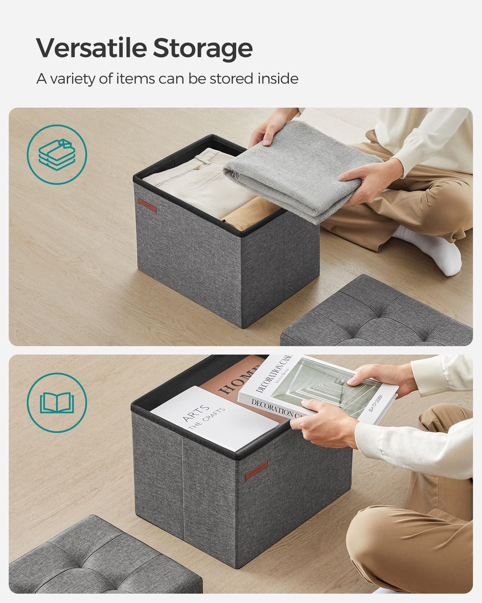 Foldable Storage Ottoman - Fabric - Dark Grey