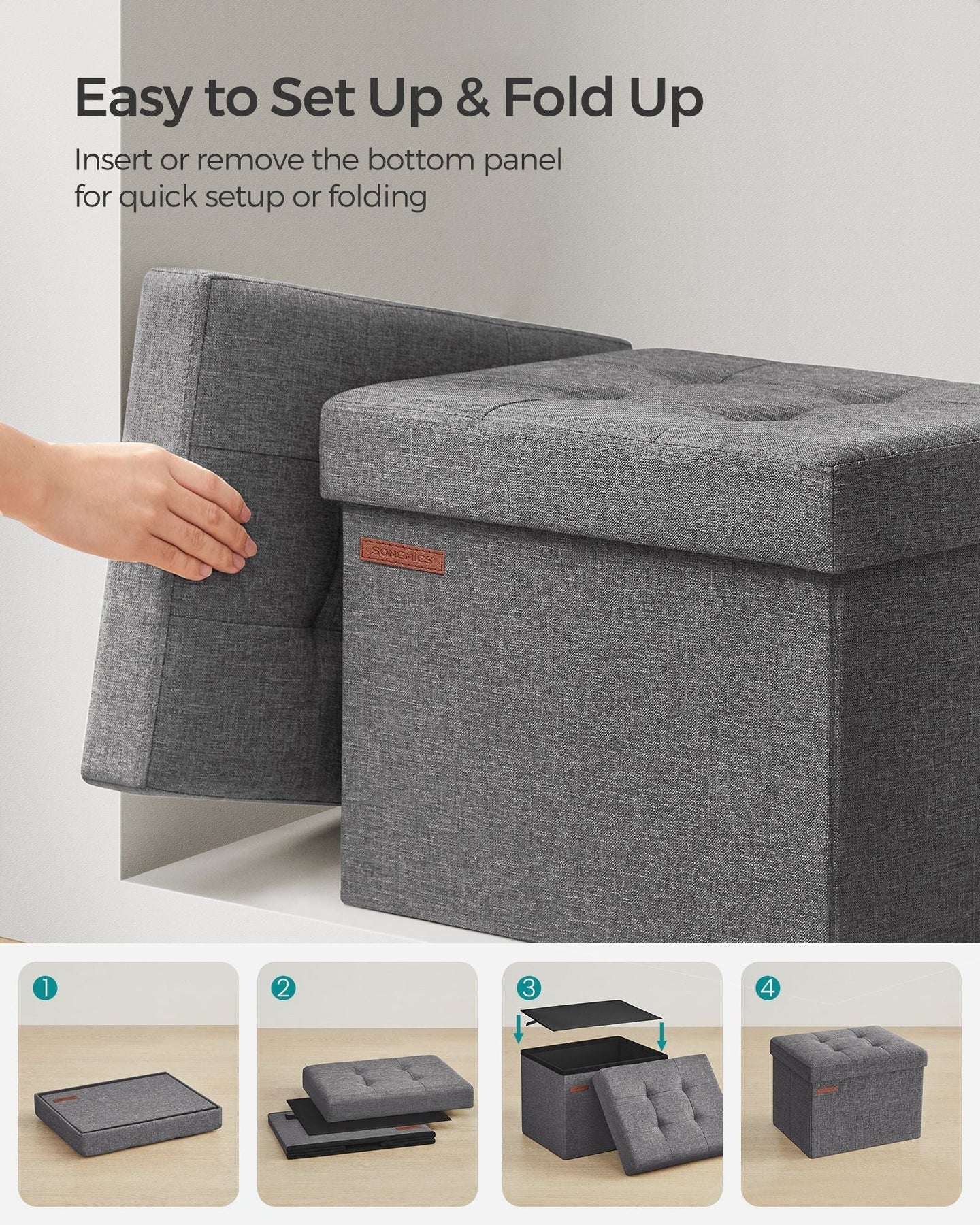 Foldable Storage Ottoman - Fabric - Light Grey