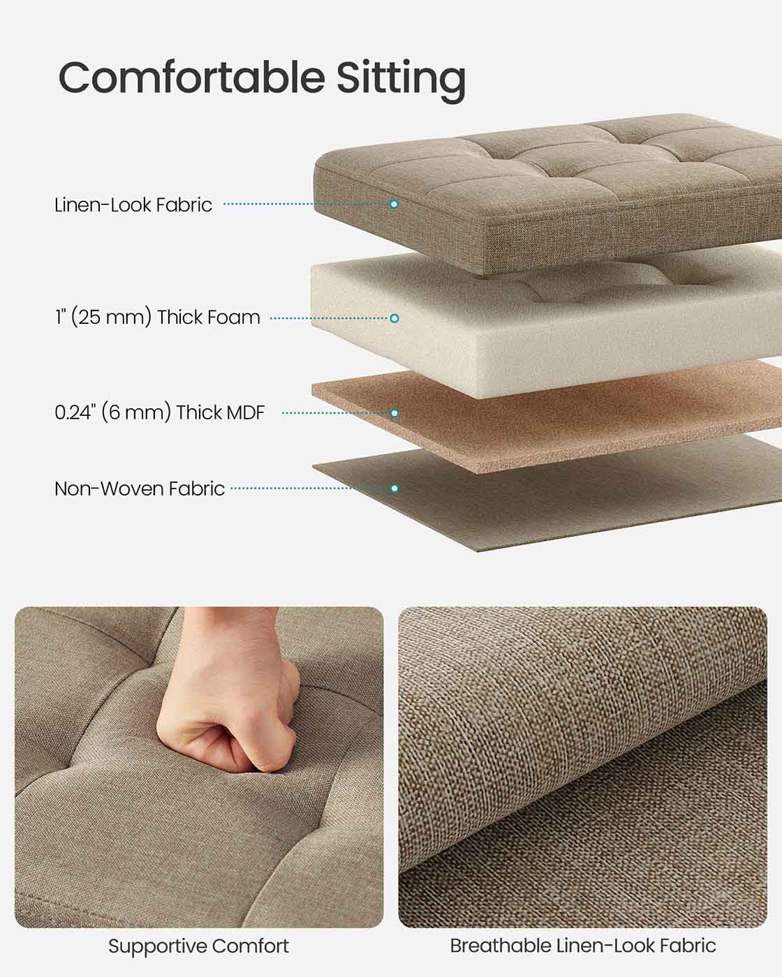 Foldable Storage Ottoman - Fabric - Camel Brown - Versatile Foot Rest with 130 kg Capacity