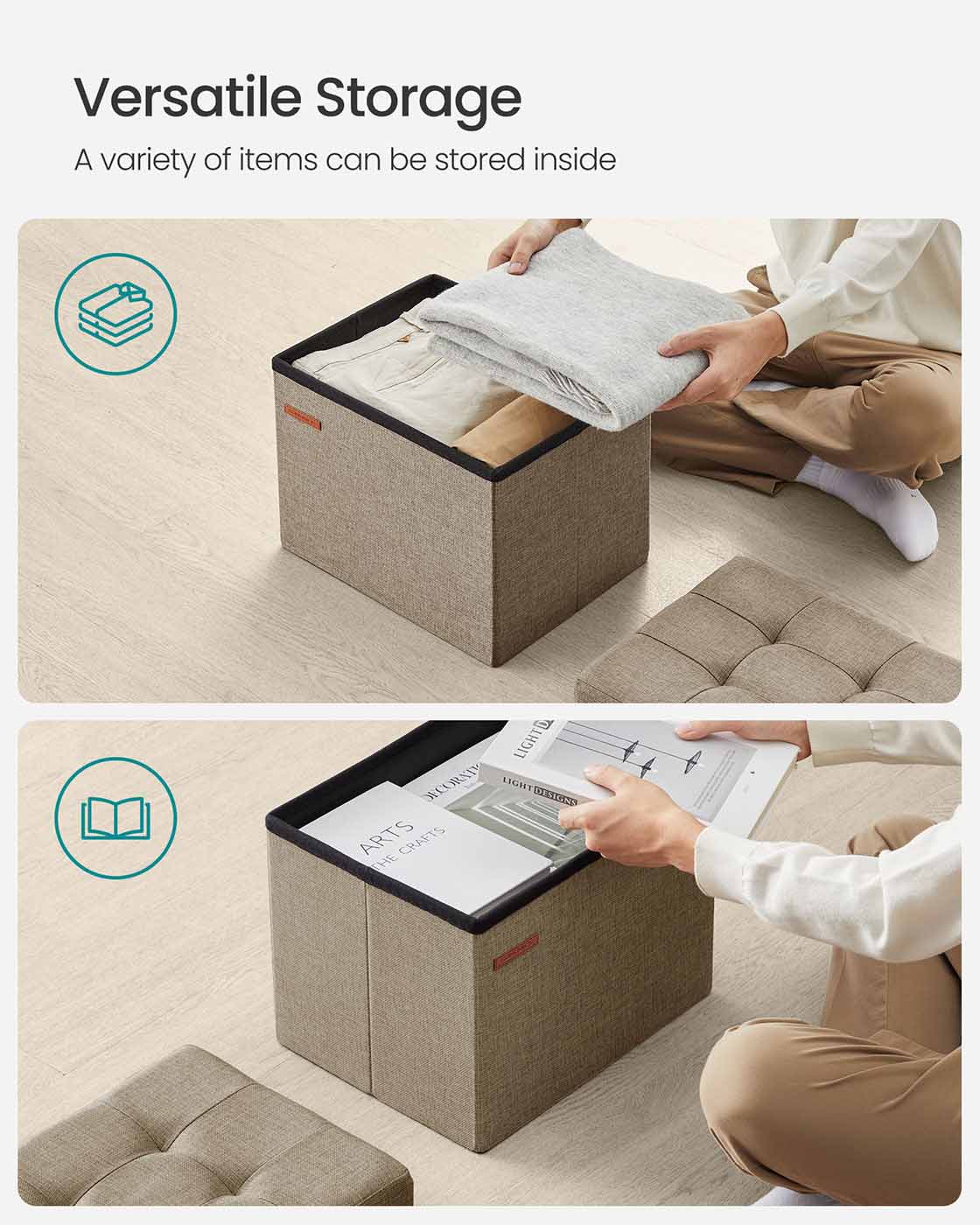 Foldable Storage Ottoman - Fabric - Camel Brown - Versatile Foot Rest with 130 kg Capacity