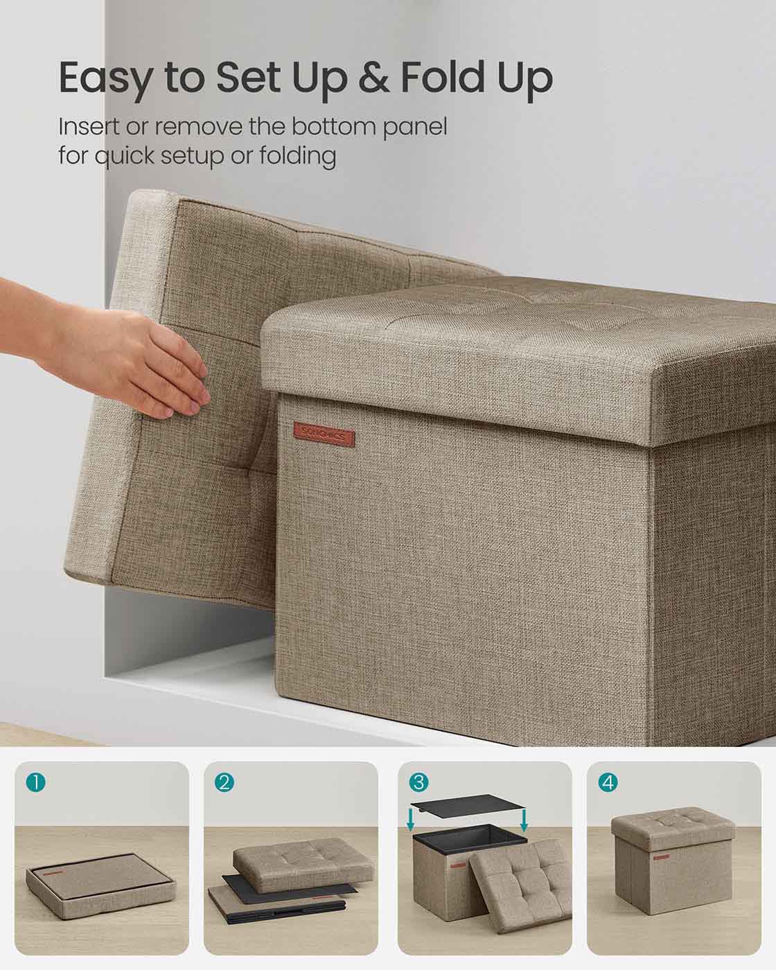 Foldable Storage Ottoman - Fabric - Camel Brown - Versatile Foot Rest with 130 kg Capacity