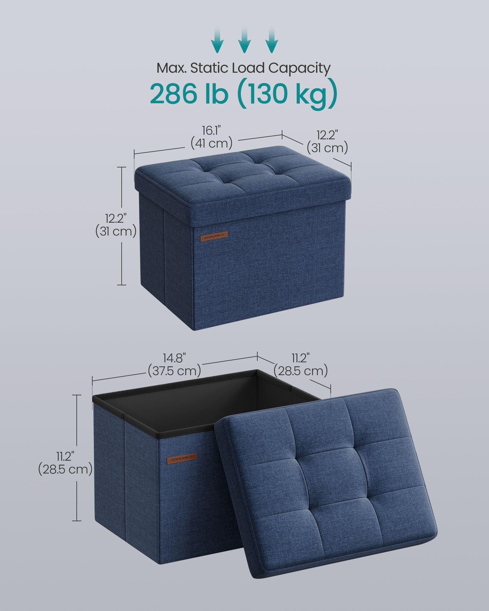 Small Foldable Storage Ottoman - 31 x 41 cm - Denim Blue - Multi-functional Foot Stool with 130 kg Capacity