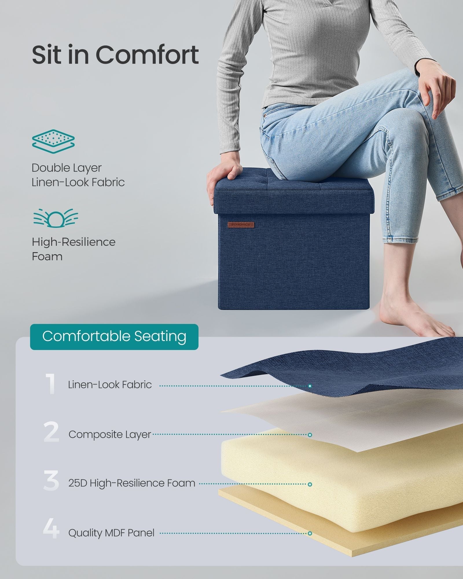 Small Foldable Storage Ottoman - 31 x 41 cm - Denim Blue - Multi-functional Foot Stool with 130 kg Capacity