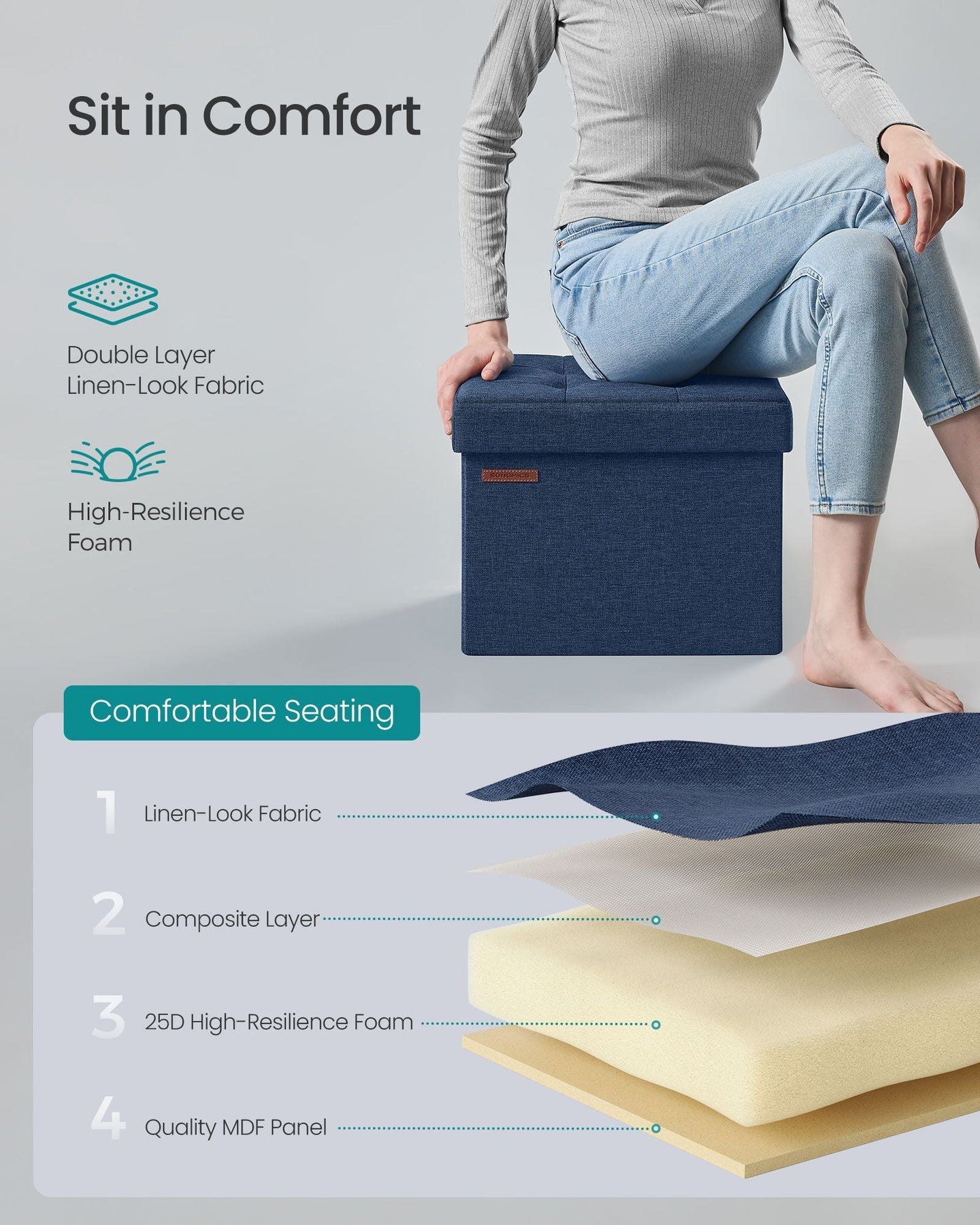 Small Foldable Storage Ottoman - 31 x 41 cm - Denim Blue - Multi-functional Foot Stool with 130 kg Capacity
