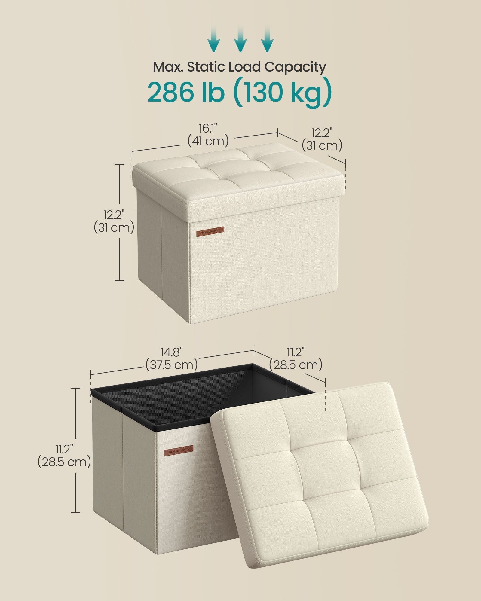 Small Foldable Storage Ottoman - Fabric - Cream White