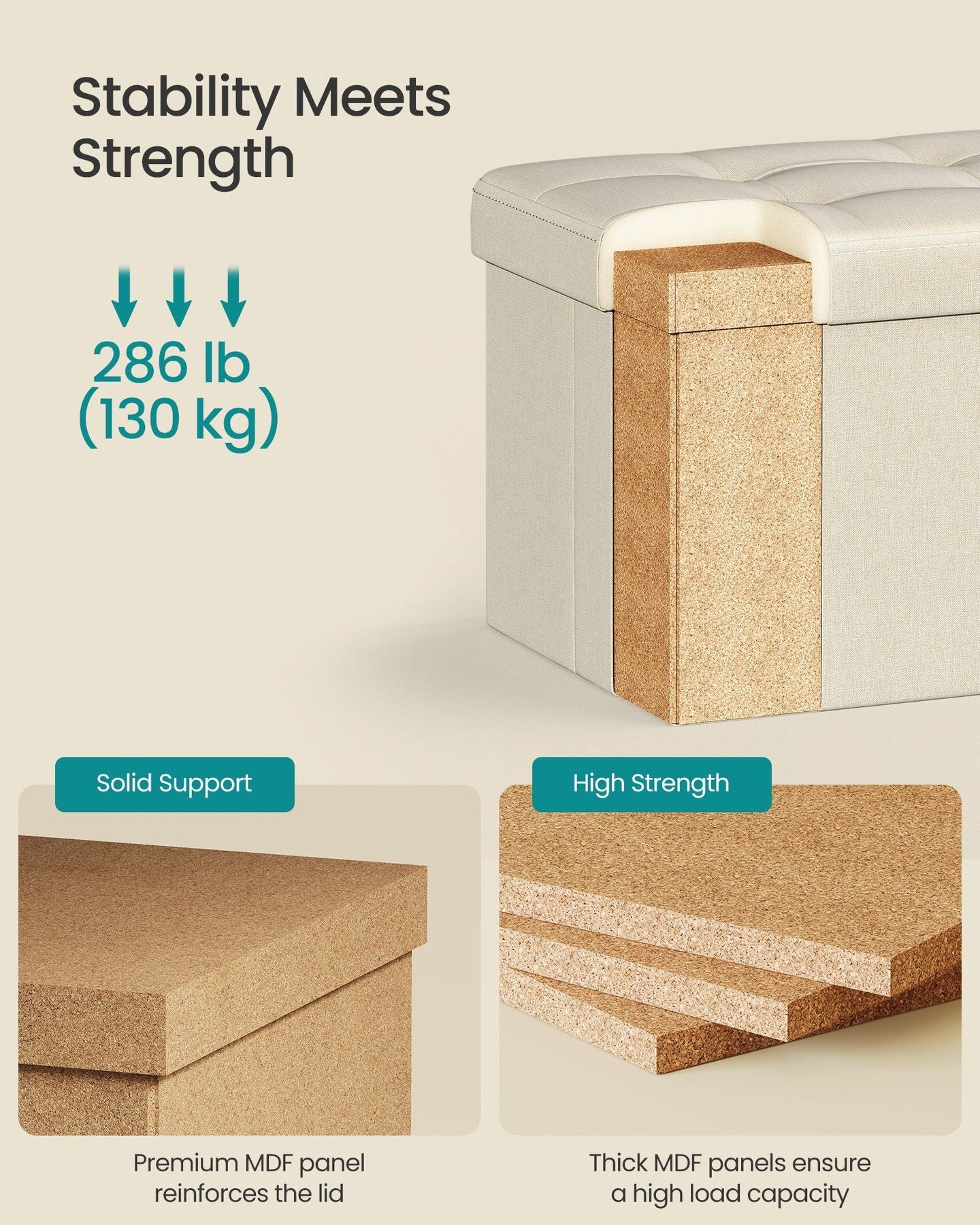 Small Foldable Storage Ottoman - Fabric - Cream White
