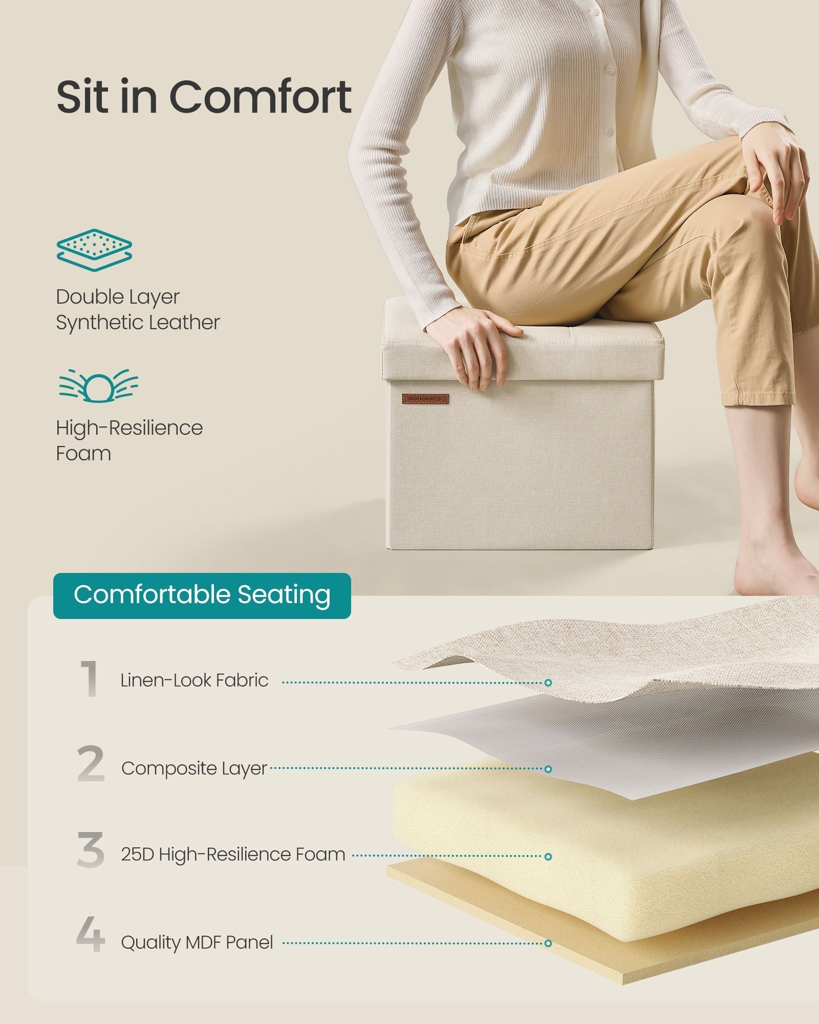 Small Foldable Storage Ottoman - Fabric - Cream White