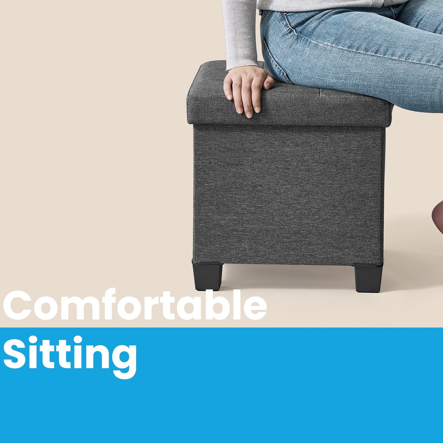 Storage Ottoman - Fabric - Ink Black - Foldable with Storage