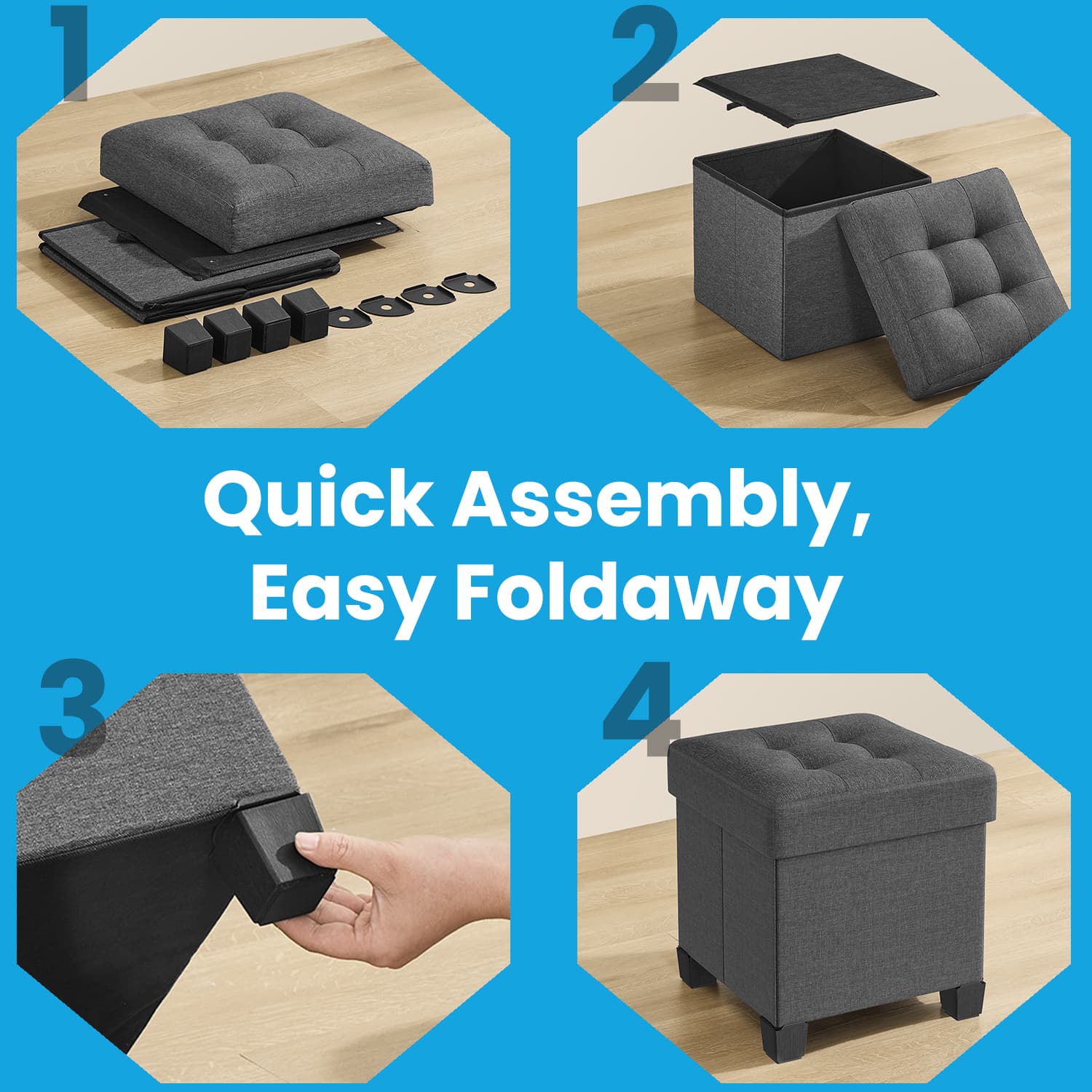 Storage Ottoman - Fabric - Ink Black - Foldable with Storage