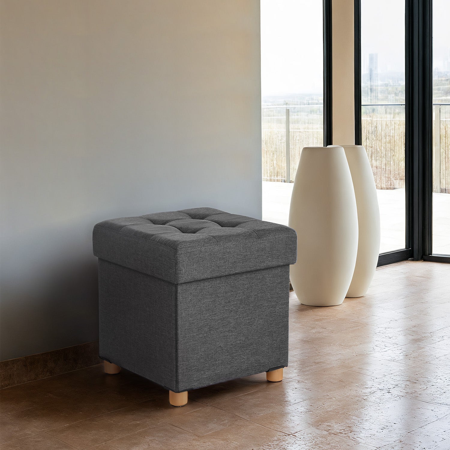 Collapsible Storage Ottoman - Fabric - Dark Grey - Multifunctional Foot Stool with Wooden Feet