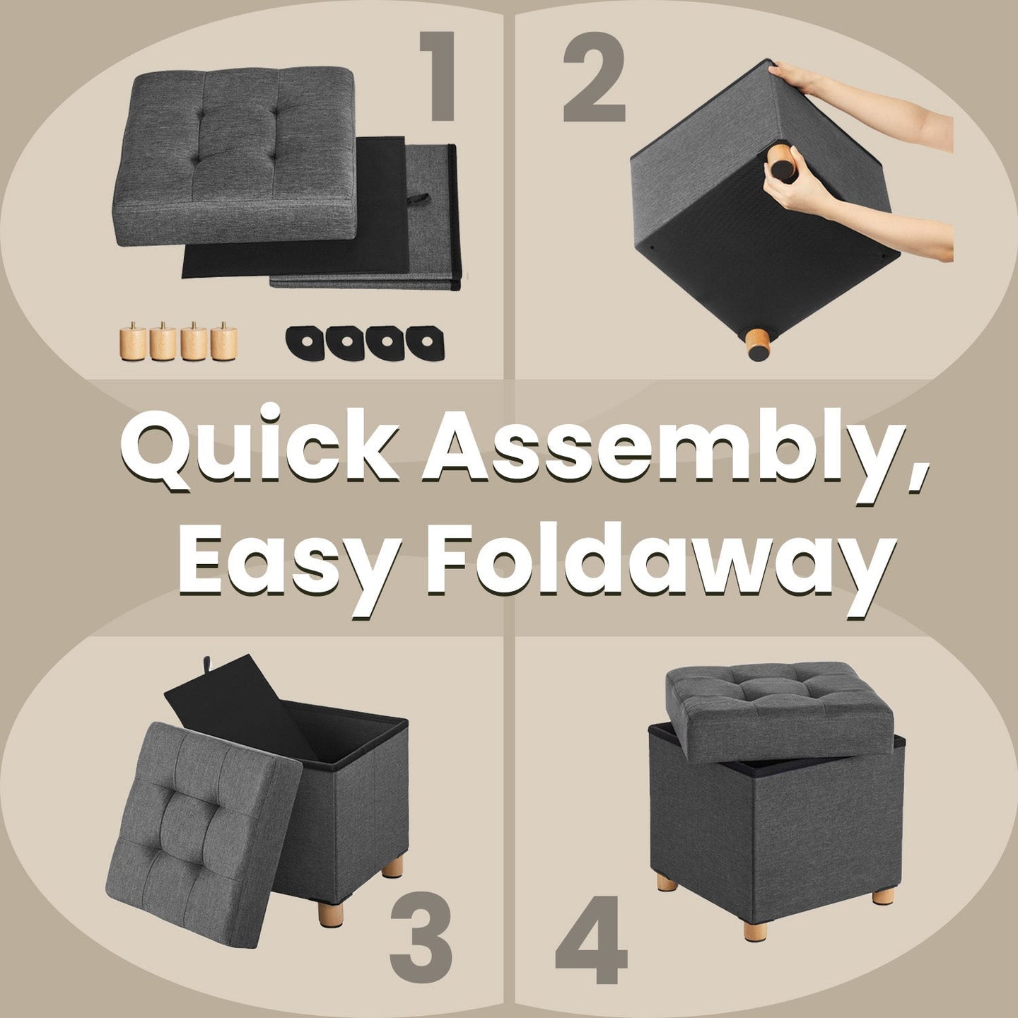 Collapsible Storage Ottoman - Fabric - Dark Grey - Multifunctional Foot Stool with Wooden Feet