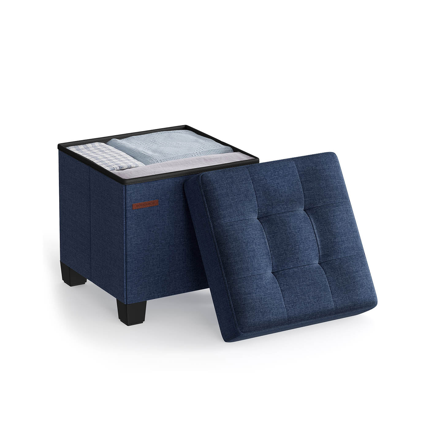 Foldable Storage Ottoman - Fabric - Midnight Blue - Compact Foot Rest with Storage